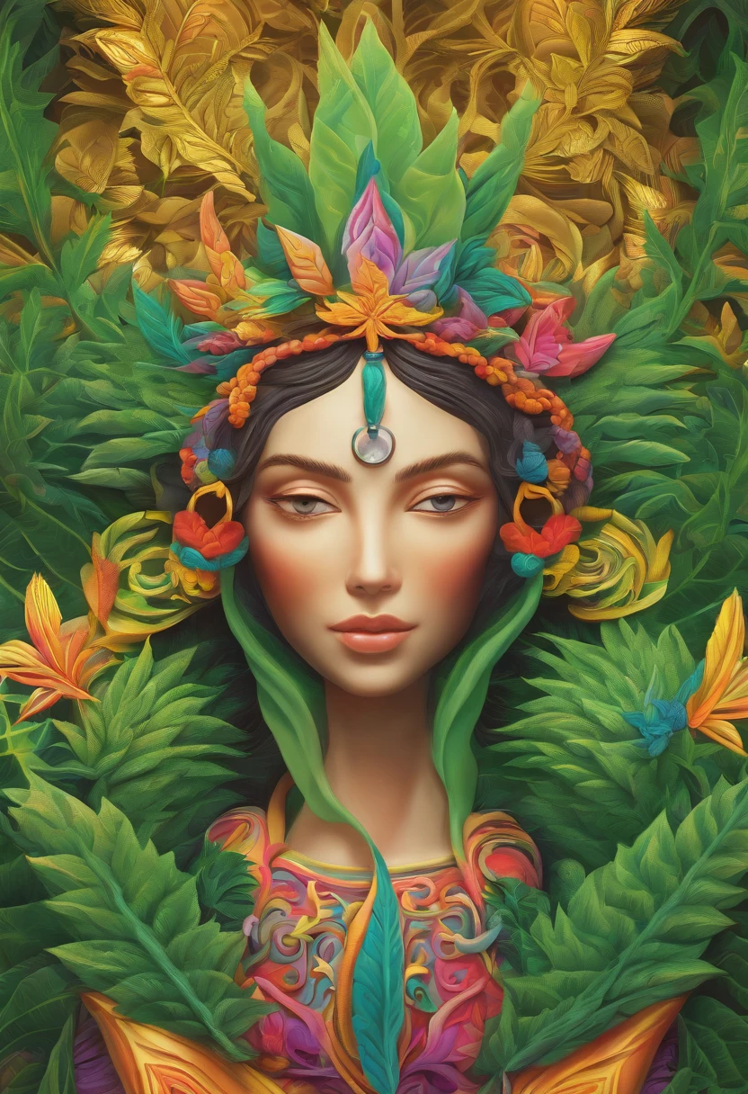 cannabis queen, green's empress, majestic queen of sativa marijuana, lush gardens, vibrant leaves, psychedelic patterns, enchanting atmosphere, luxurious botanical paradise, dreamy haze, ethereal beauty, mystical aura, captivating presence, alluring gaze, enchanting smile, intricate details, rich textures, mesmerizing colors, masterfully crafted artwork, high-resolution masterpiece:1.2, ultra-detailed depiction, realistic rendering:1.37, vivid hues, soft pastels, vibrant greens, subtle gradients, golden sunlight, dappled shadows.