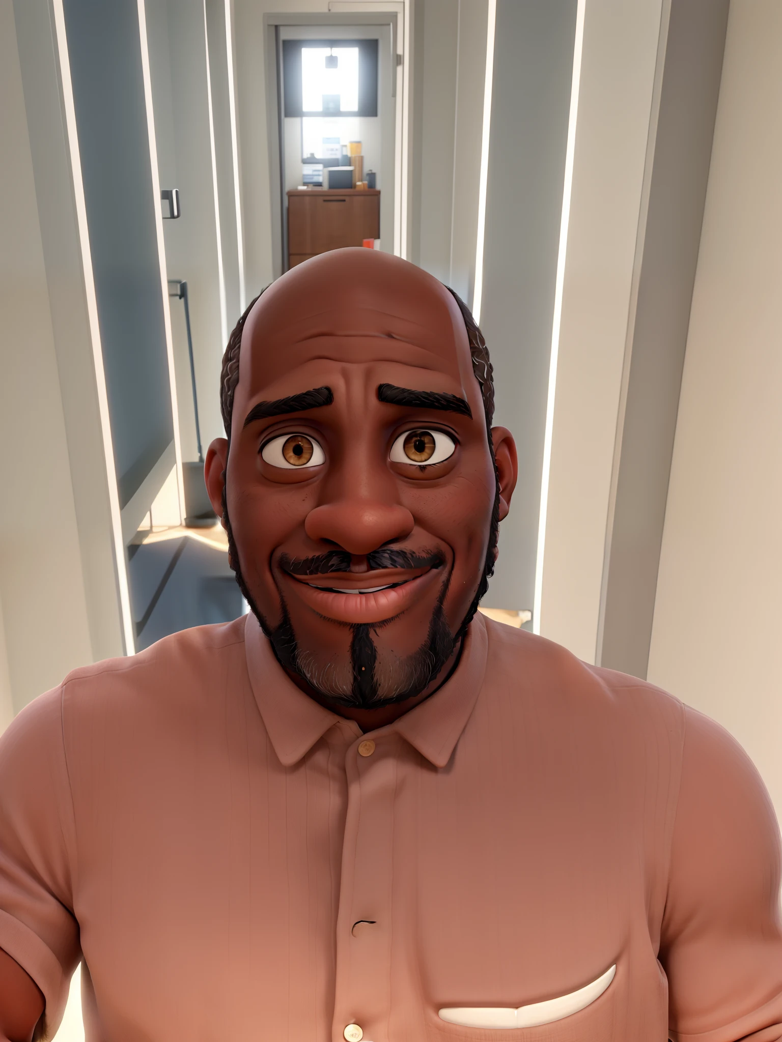 Successful black man, 48 years old, dark brown eyes, bald, sparse beard, shy smile, psychologist, firm and strong gaze, looking at the camera