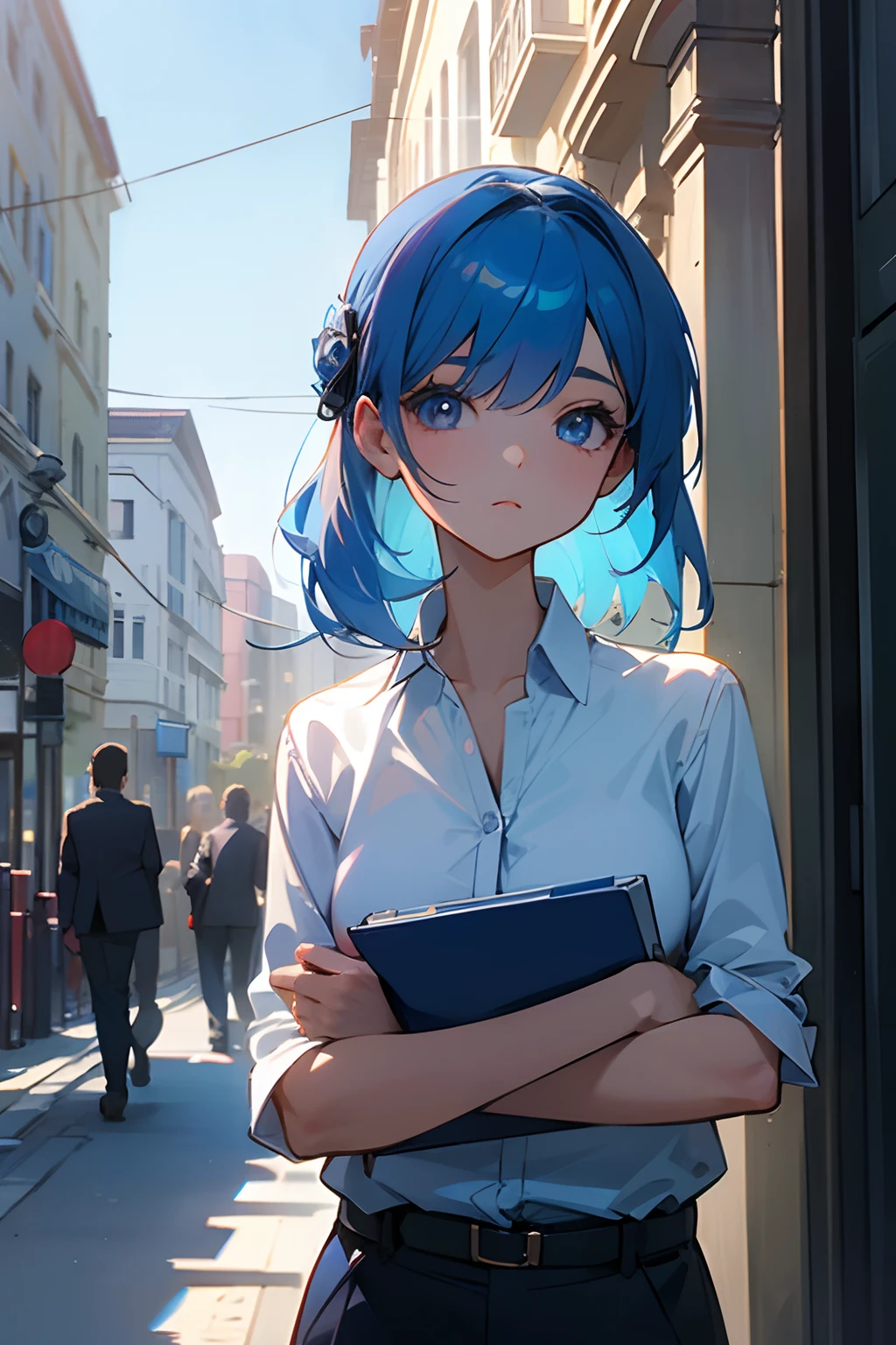 blue rose girl, rose on hair, blue rose, hair accessories, business casual clothing, smart casual outfit, blue hair, hd, ultra quality, pleasant face, wide angle, long shot, looking away, detailed eyes, public, street, sunny day.