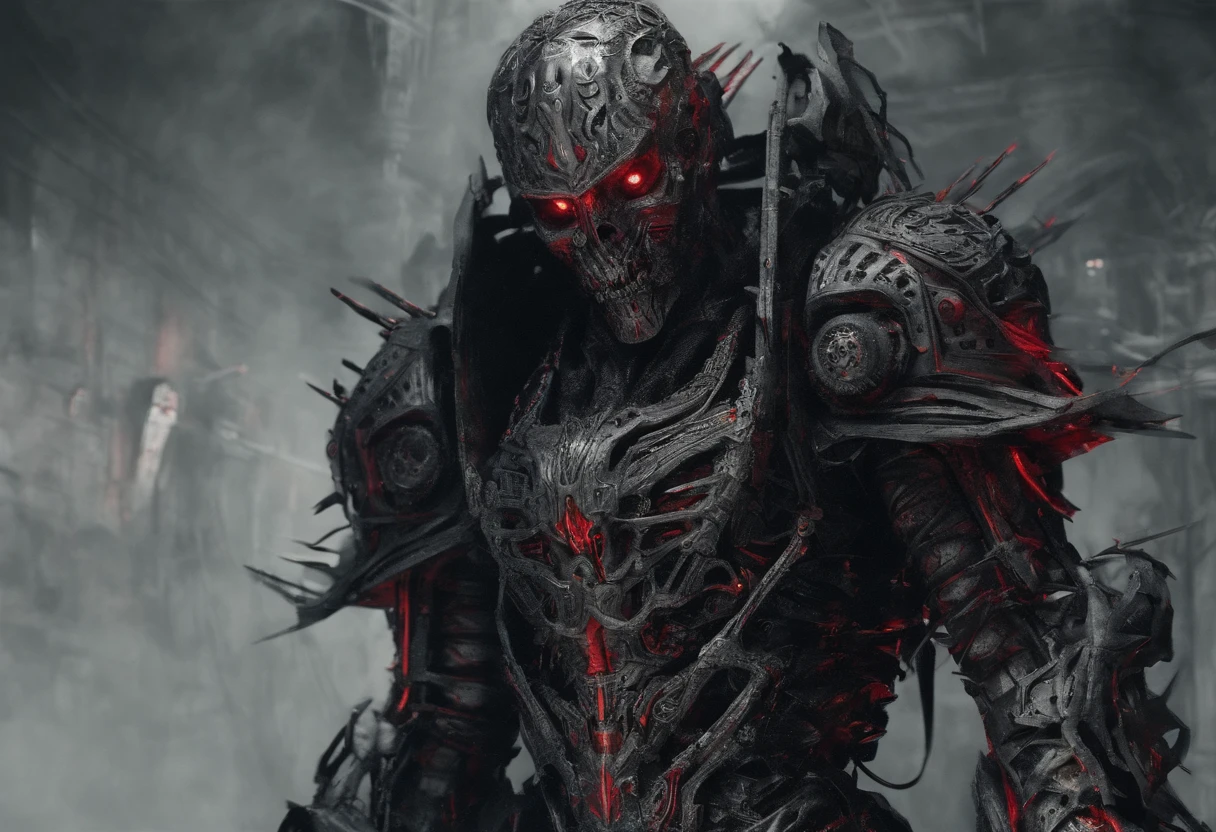 (Mechanical Warrior: 1.2), Cyberpunk, Close-up, Front view, Symmetrical left-right composition, (Red is the dominant color: 0.7),