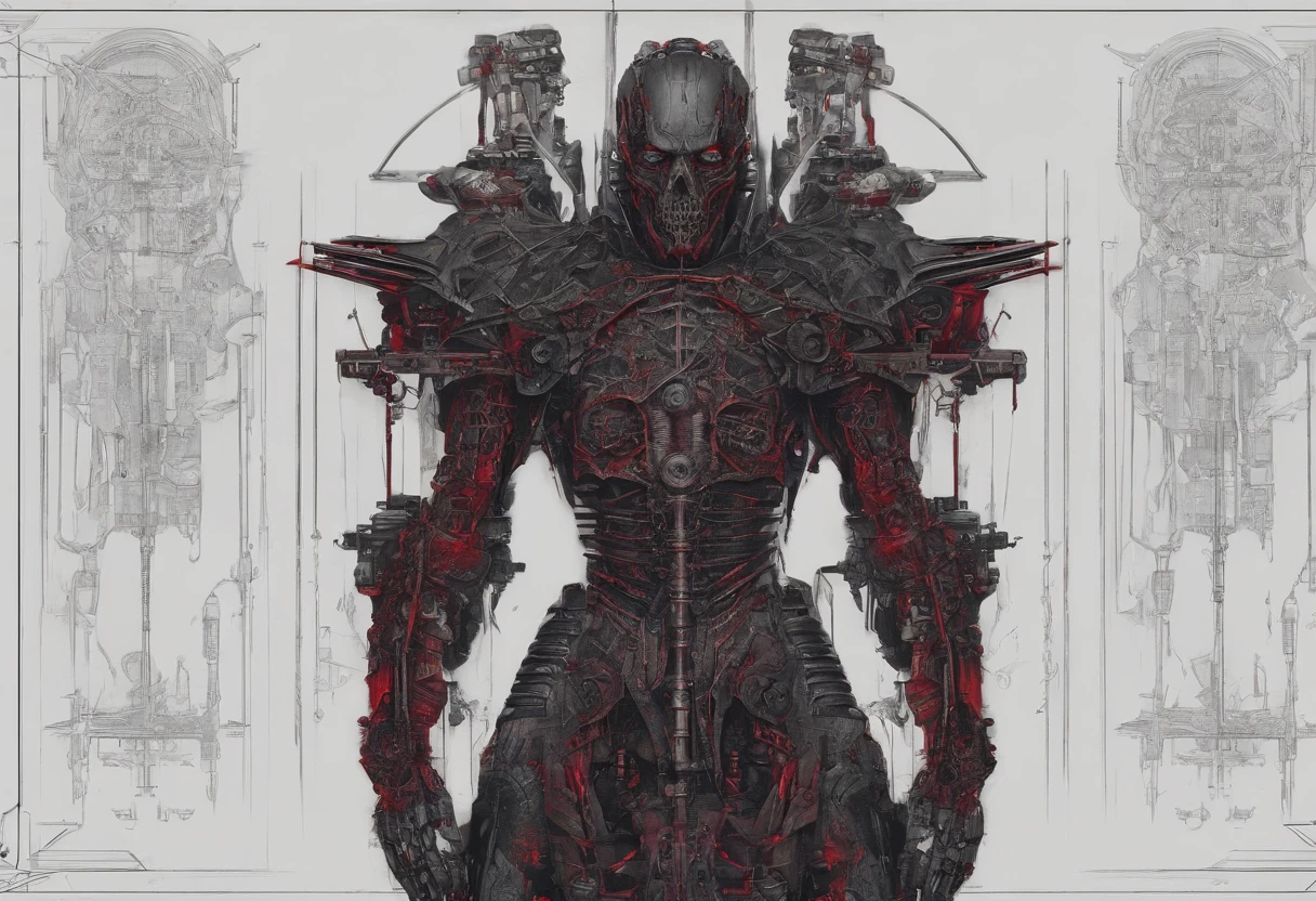 (Mechanical Warrior: 1.2), Cyberpunk, Close-up, Front view, Symmetrical left-right composition, (Red is the dominant color: 0.7),