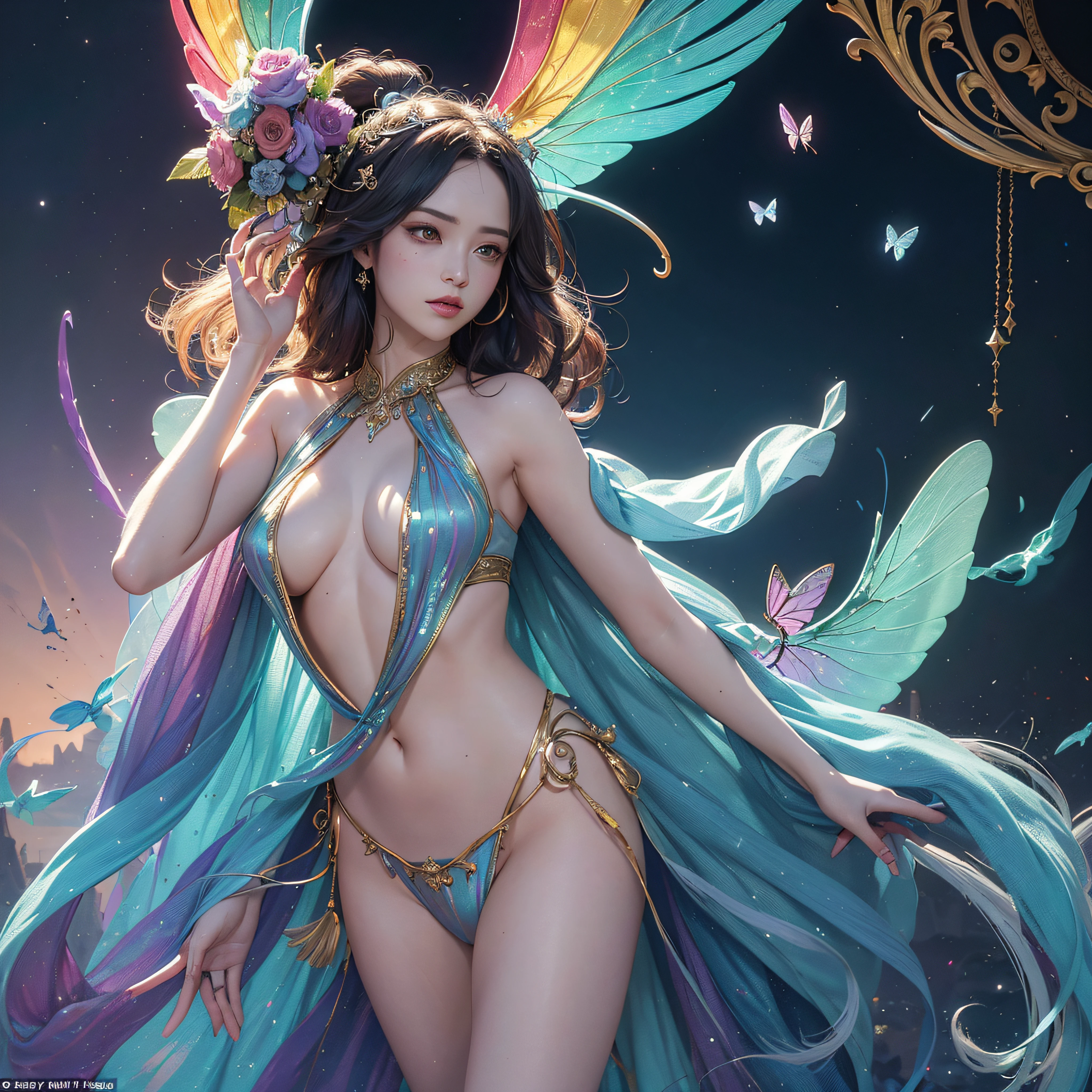 (((masutepiece))), (((opulent))), (((Best Quality))), ((Ultra-detailed)), (High Definition CG Illustration), ((extremely delicate and beautiful)), Cinematic Light. Create stunning fantasy artwork,Imitate the styles of currently popular genre masters. Artwork includes、It should contain rich and ornate elements of mythological fantasy and fairytale fantasy,Eta、With colorful rainbow accents and deep gemstone tones. ((Use a rainbow as the main color scheme.)) The characters in the work are delicate, but they are petite and strong,It exudes an aura of mystery and magic. Pay close attention to complex facial features, For example, Seductive eyes with bright colors and bold shadows. Character clothing should be designed with gossamer feathers, Silk, Amazing embroidery, and subtle iridescent details. MERGE (((Translucent rainbow))), dreamy colors, Dynamic lighting, and detailed background elements,Create awe and immersion. ((These include、Colorful flying magic birds and、Includes jewel-colored iridescent butterflies that exude a magical halo.)) Thinking about the latest trends in fantasy art, Incorporate unique lighting effects, etc., Explore dynamic and compelling compositional techniques, Eta、Experiment with a unique color palette. Get inspired by top artists from Art Station and Mid-Journey. camera: Emphasize the beauty of the character、Choose an angle that enhances the magical majesty of your artwork. Lighting: Creating Depth and Atmosphere with Atmospheric Lighting Technology. resolution: Aim for high-resolution artwork,Showcase intricate details and clarity. Artistic inspiration: Get inspired by popular artists at the art station, Explore different styles, genre, and themes..huge udder