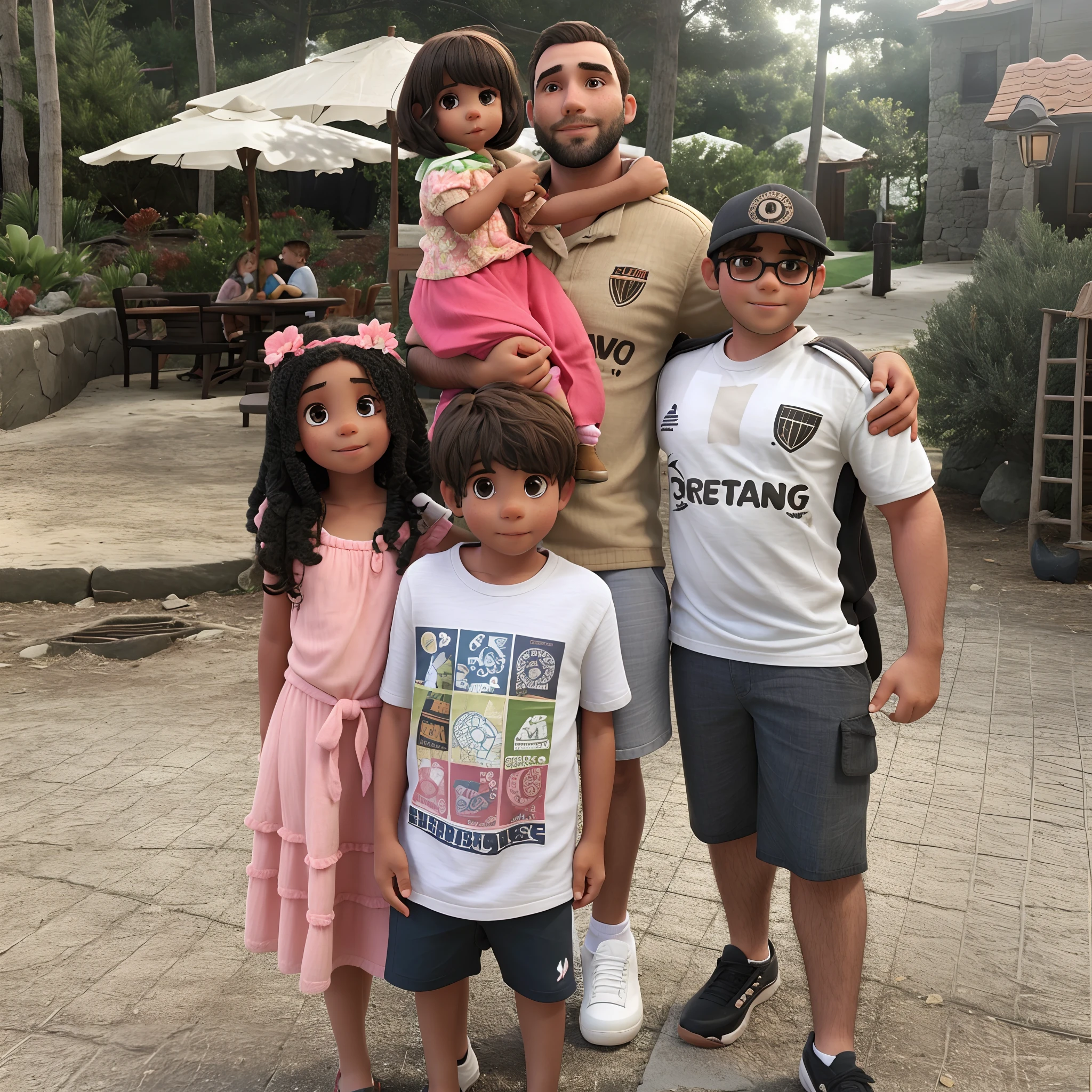There are three children and a man with a little girl on his lap together in a beautiful place