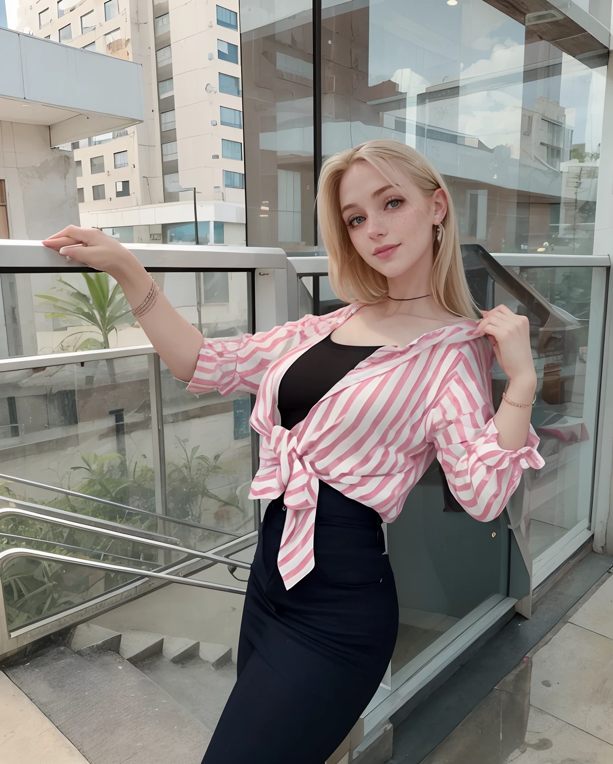 mulher, americana, 25 anos, pale skin and freckles, olhos cinzas, nariz delicado, soft and delicate lips, Cabelo blondie cinza longo e ondulados, sorriso meigo