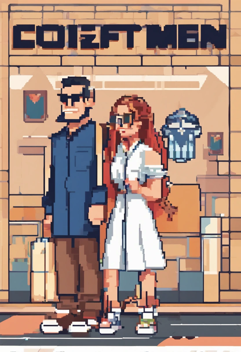 There's a couple in the parking lot of a mall, standingn, Casual Position Happy Countenance Tall Man And Short Woman Chubby Strong Man White Woman And Comm Round Face, disney pixar, ia, mulher de oculos, mode tipo casual, Black and short dress with two braids man in black pants and blue long sleeve blouse