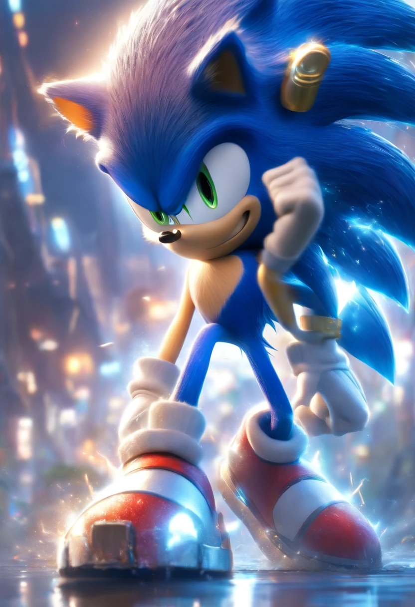 （Estilo Pixar),Sonic the Hedgehog em uma ilha pegando aneis dourados Modelo de personagem em miniatura, fonte de luz da direita para a esquerda, Rum lighting, fonte de luz da direita para a esquerda, Realistic proportions, Post-processing, ((perspectiva ortogonal)), Super Detalhe, Realistic, super realistic, photoreal render,