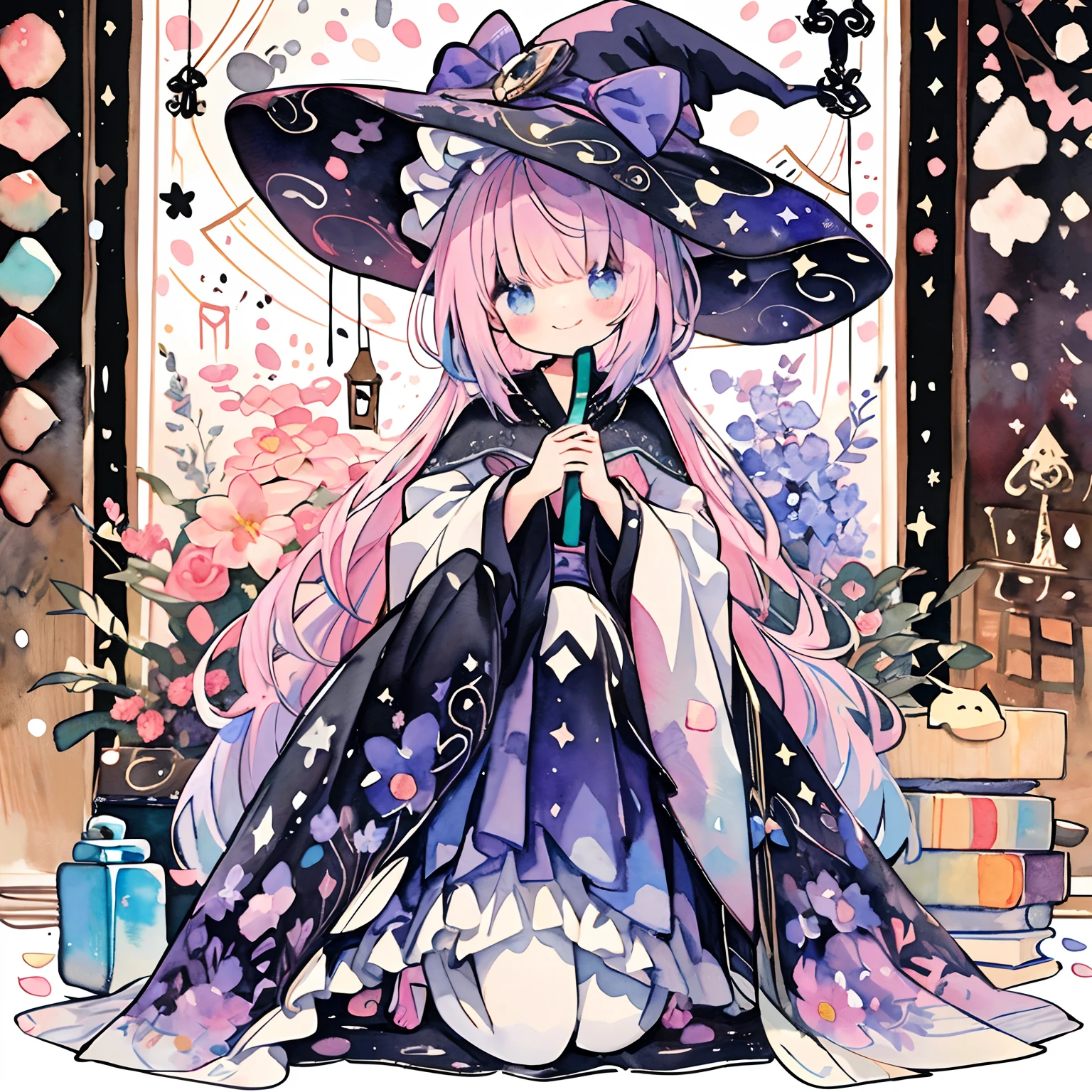 (PastelColors:1.5)、(Cute illustration:1.5)、(watercolor paiting:1.2)、1 Youth Full Body Subian、facing front、Purple Themed Witch、Holding a magic broom、Fantasia、witch's hat、Chinese、Light purple hair、short-hair、a magical world、Purple witch clothes、Black cobweb、Happiness、kirakira、smil、The best smile、White and purple motifs、white cat