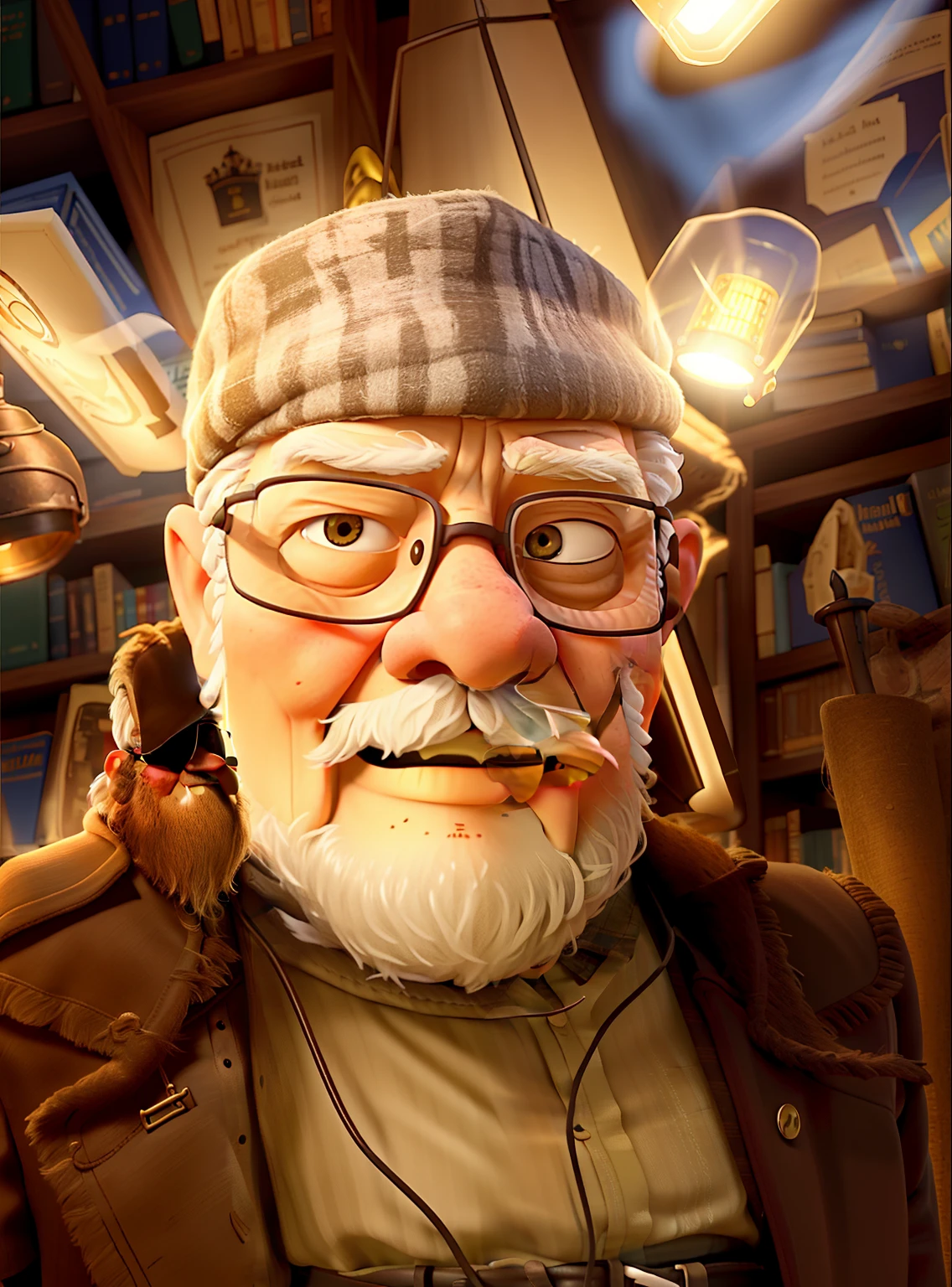 A wise old man standing in front, illuminated by the light of a lamp, against the backdrop of a library