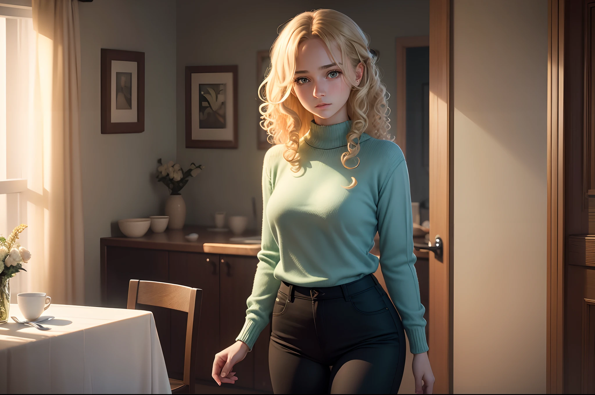realistic, 8k image of a girl, curly blonde hair, beautiful, extremely detailed green eyes, dressed in a light blue sweater, black pants, standing in a dining room, night, expression of fear, anime style art