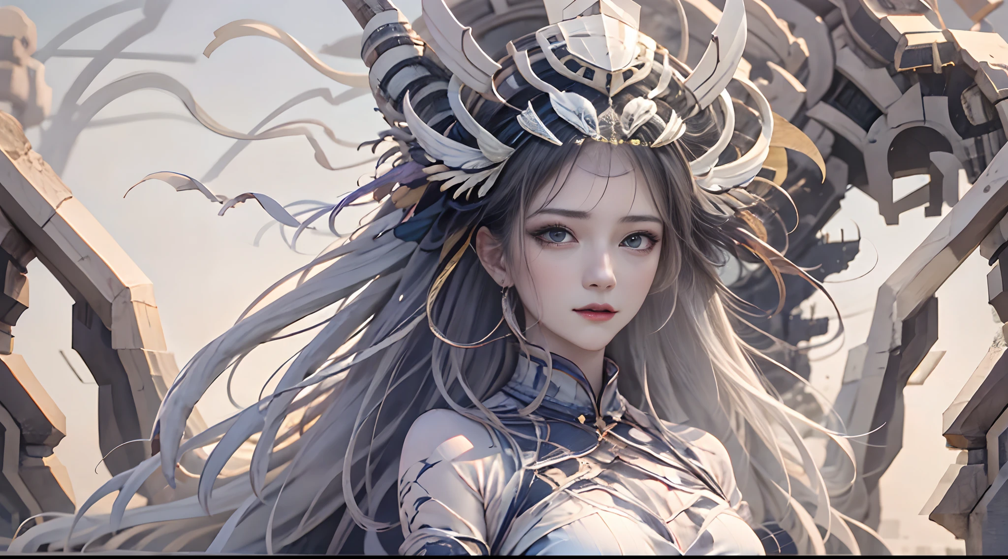 Official Art, Unified 8k Wallpapers, ((Hyperrealism) (Surrealism)), (3D), Ultra Detailed, Beautiful and Aesthetic, Masterpiece, Best Quality, (Zentangle, Tangle, Entangle), (Fractal Art: 0.5), (Full Body Character Design, Full Body: 0.3), 2girl, Detailed Eyes, (Delicate Skin, Diffused Skin Pores) (Long White Hair), No Shoulder Straps, Girl in Mecha Network Armor, Beautiful White Girl Cyborg, Weapon in hand, Chinese style, wide vision, black and white, martial arts, Chinese cyberpunk architecture, movie lighting, full body character design, full body: 0.3), China, (dream: 1), (silk: 1), sky with Chinese dragon, Chinese phoenix, (smile: 1.5), (Chinese deity),