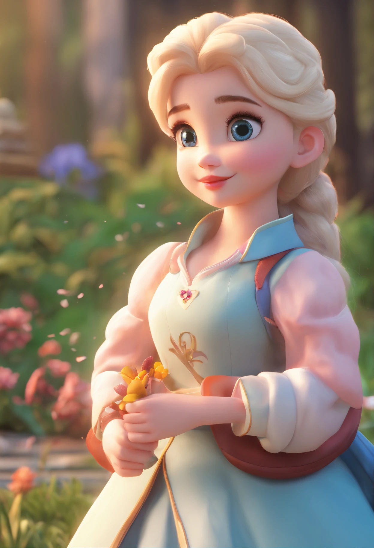 best quality, masterpiece, photorealistic, extremely detailed CG unity 8k wallpaper, chibi,1girl, elsa,solo, full_body, smile, looking_at_viewer, outdoors,