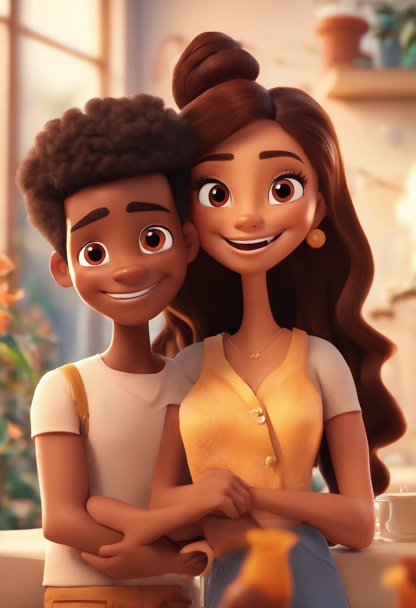 An illustration of an adorable couple, Highlighting a black man and a brown woman with beautiful expressive eyes – the man's skin is light brown and the man's hair is curly and black, while the woman's skin is white and the woman's hair is straight and brown. They are a bright room, cada um com um sorriso no rosto, e compartilhar um momento especial caracterizado pelo amor, Insights. Illustrate this scene from a perspective where they are facing the camera, Smiling and Showing Your Connection. Desenvolva esta arte em Full HD, Focus on your cinematic touch, Estilo Disney Pixar Animations