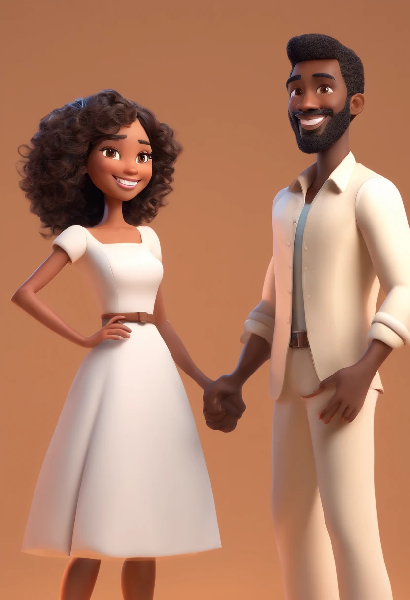 An illustration of an adorable couple, Highlighting a black man and a brown woman with beautiful expressive eyes – the man's skin is light brown and the man's hair is curly and black, while the woman's skin is white and the woman's hair is straight and brown. They are a bright room, cada um com um sorriso no rosto, e compartilhar um momento especial caracterizado pelo amor, Insights. Illustrate this scene from a perspective where they are facing the camera, Smiling and Showing Your Connection. Desenvolva esta arte em Full HD, Focus on your cinematic touch, Estilo Disney Pixar Animations