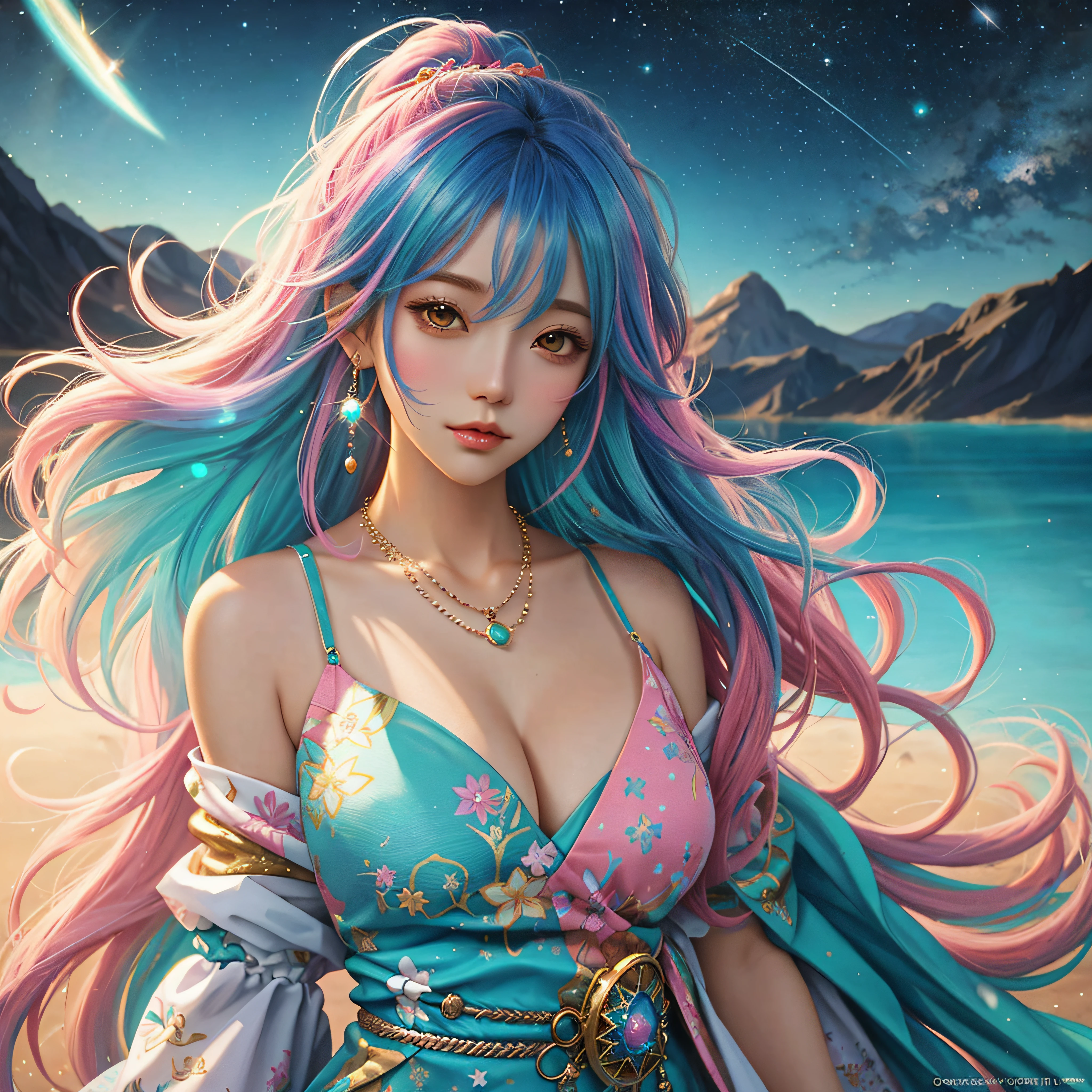 Close-up of a woman with colorful hair and necklace, anime girl with cosmic hair, The soft vitality of Ross Draw, Goubes-inspired artwork, Fantasy Art Style, Colorful]", vibrant fantasy style, Rossdraws cartoon full of vitality, cosmic and colorful, guweiz, colorfull digital fantasy art, stunning art style, beautiful anime style, White skin, subtle、.huge udder