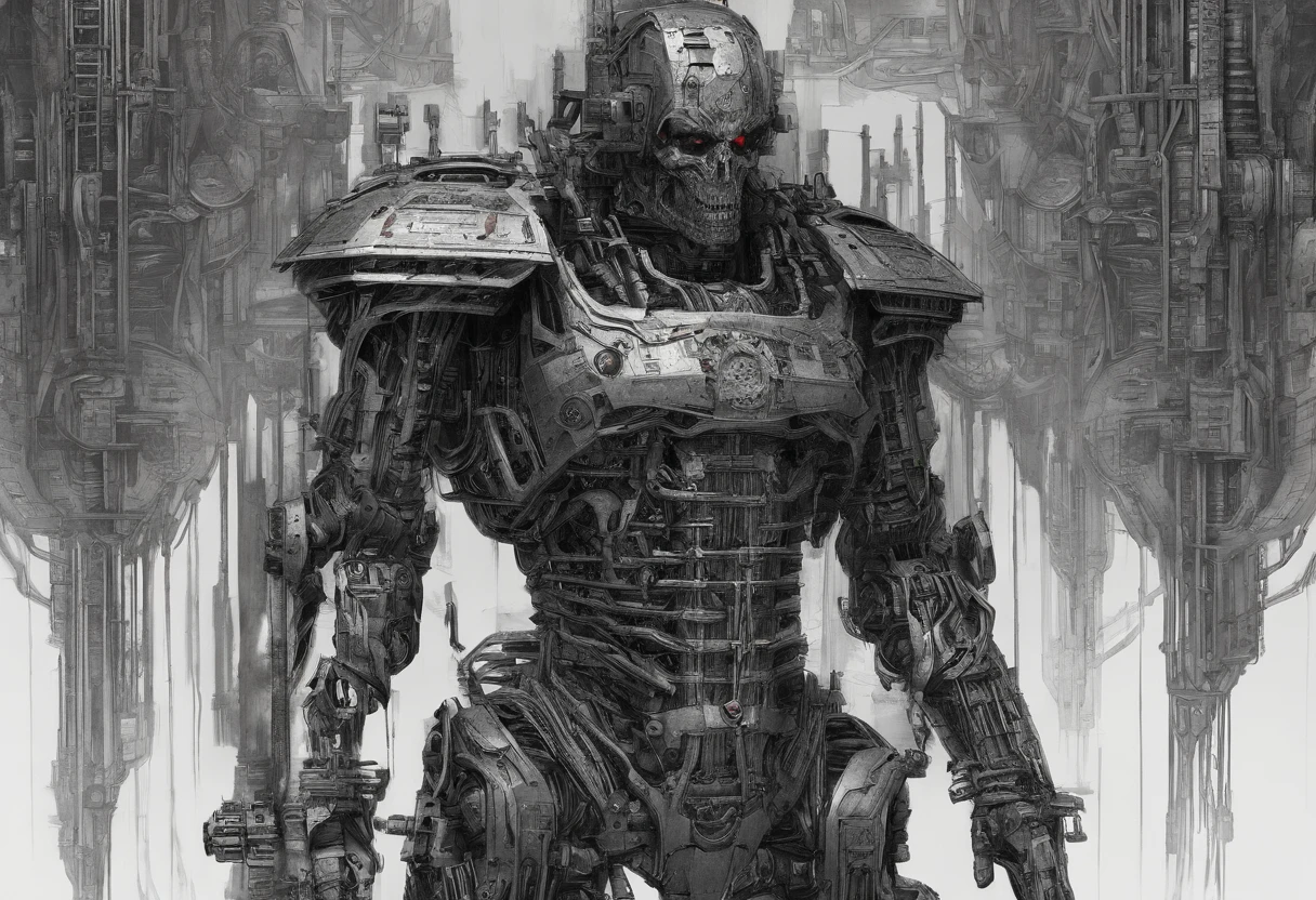 (Mechanical Warrior: 1.2), Cyberpunk, Close-up, Front view, Symmetrical left-right composition, (Red is the dominant color: 0.7),