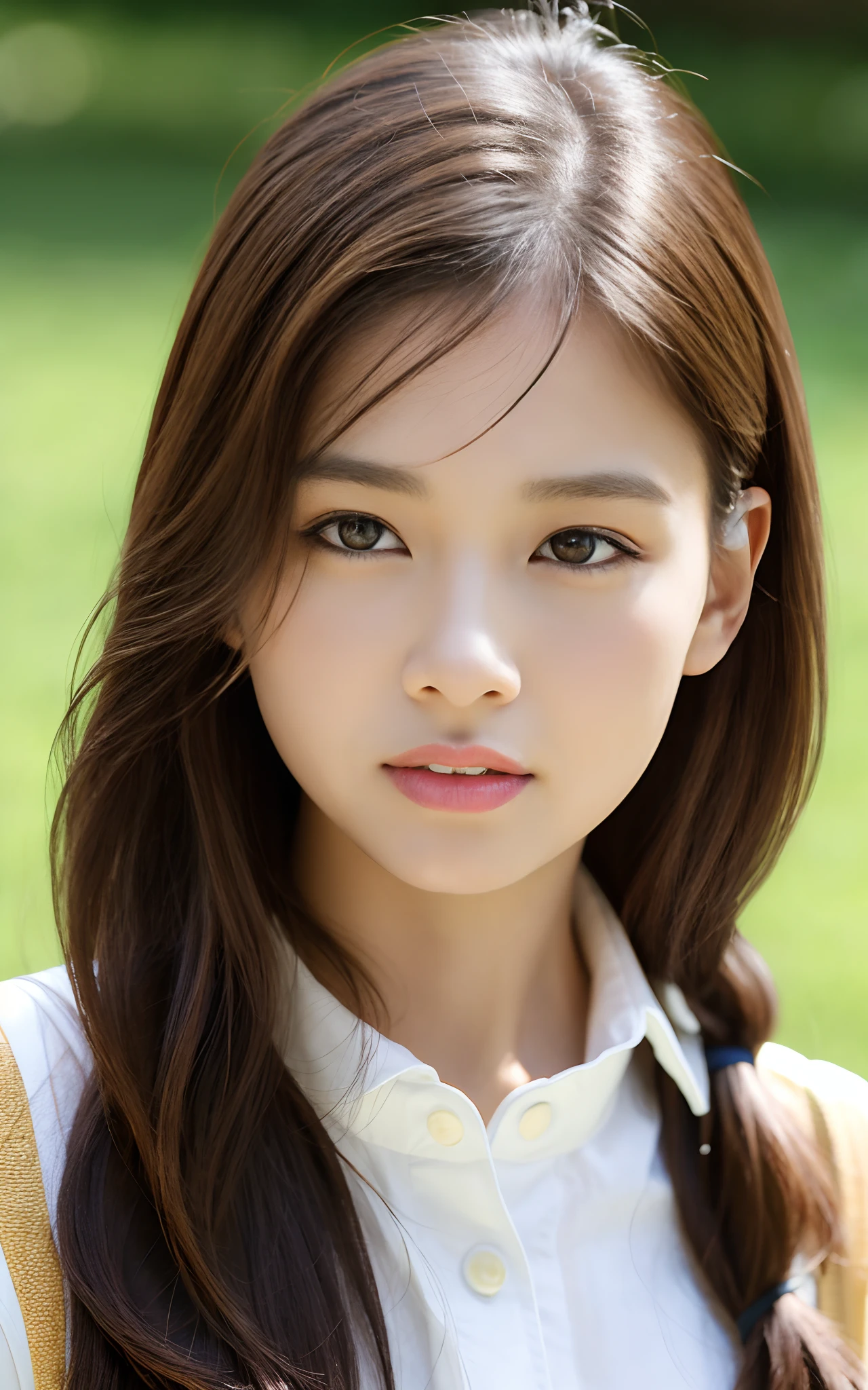 a 19 years old girl、top-quality、masterpiece、(reallistic:1.2)、女の子1人、Brown hair、Brown-eyed、Face and chest details on the front、beautidful eyes、White jacket with a small chest、JINS、lo fashion、Smaller head、fashionGirl、Wrinkled T-shirt、Real Face、Lifelike face、real looking skin、Rough skin