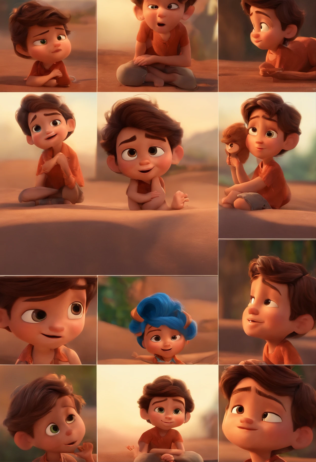 um menino de 9 anos de idade, cabelos castanho, corpo inteiro, disney pixar, cute, gorducho, moreno
