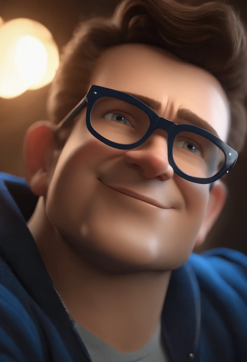 Cartoon character of a man wearing black glasses and a blue shirt, um personagem animado, Caractere estilizado, animation style rendering, 3D estilizado, Arnold Maya render, 3 d render stylized, toon render keyshot, Personagem 3D, Personagem 3D, 3d rendering stylized, 3 d character render, personagem de desenho animado, Personagem de close up, Pose de personagem, (Estilo Pixar) (master part:1.2) (Bokeh) (best quality) (pele detalhada) (textura detalhada) (8k) (argila) (Cinematic lighting) (foco nítido,Senta e vaza a parte superior do corpo