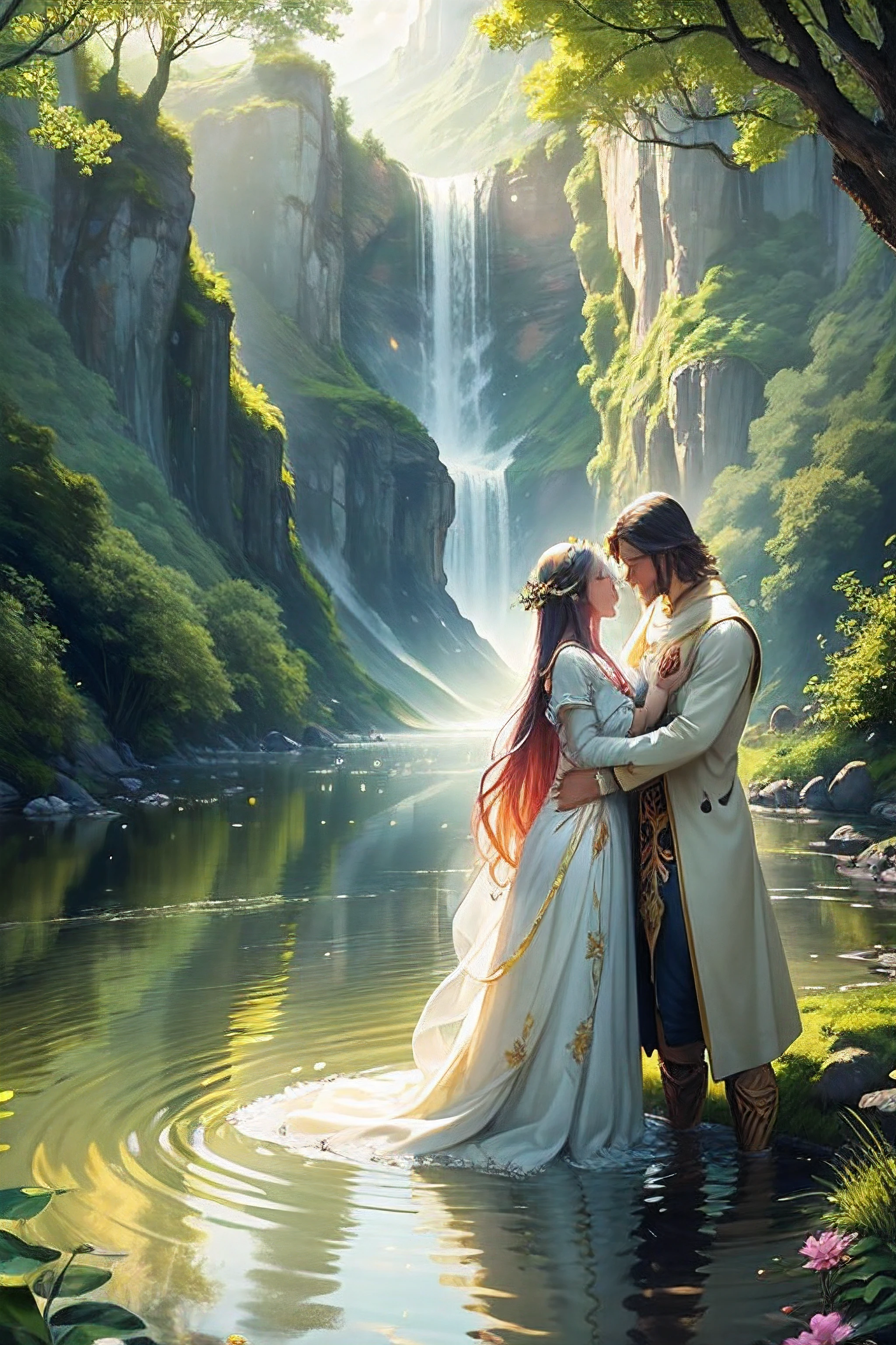 Adam and Eve in the garden,digital art,divine,godly,ethereal,heavenly,utopia,paradise,majestic scenery,pure beauty,serene atmosphere,natural harmony,peaceful setting,pristine nature,golden sunlight,illuminating rays,lush greenery,meandering river,fragrant flowers,dancing butterflies,colorful birds,sacred trees,towering mountains,breathtaking view,tranquil aura,gentle breeze,whispering leaves,soft grass,rippling water,rays of hope,endless love,spiritual connection,innocence,creation,wonder of life,eternal bliss,perfect symphony,awe-inspiring,sublime masterpiece,breathtakingly detailed,exquisite colors,vivid strokes,divine vision,impeccable aesthetic,highest quality,4K resolution,ultra-realistic rendering.