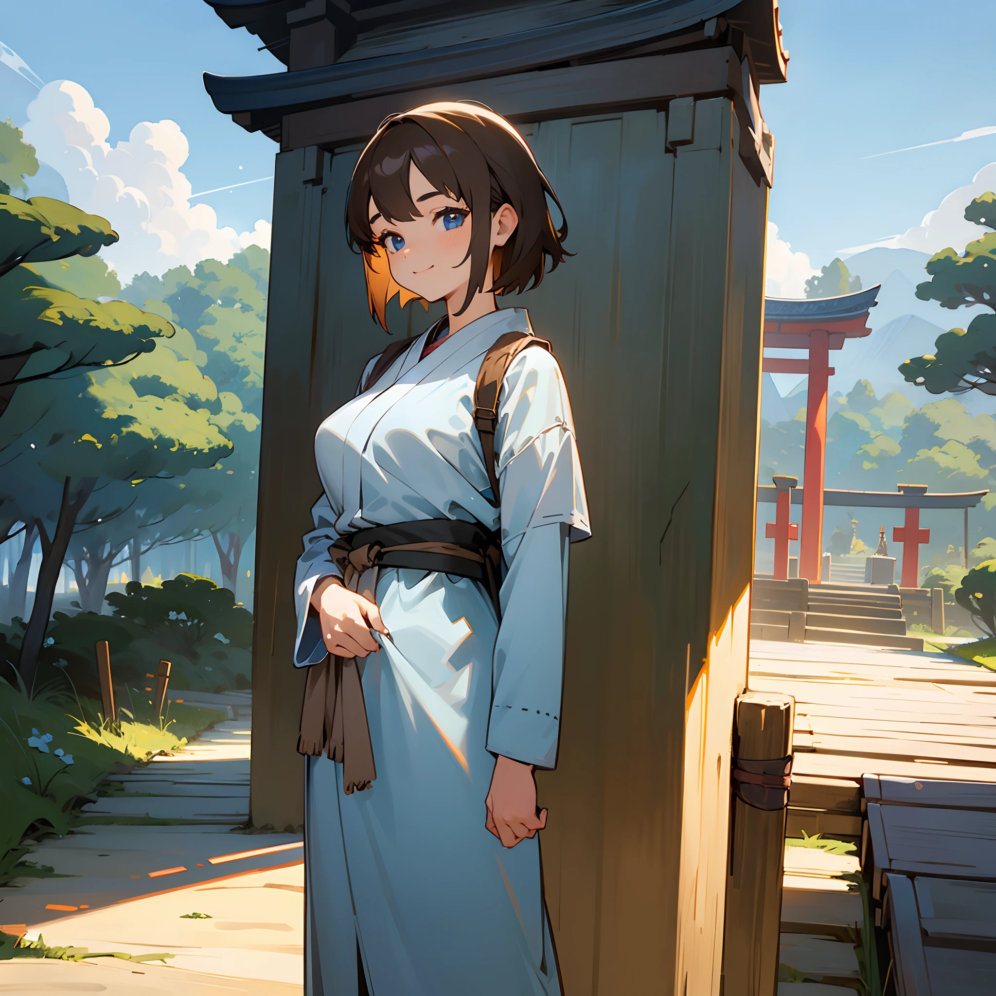 1female, , short brown hair, finely detailed blue eyes, loose casual ninja clothing, forest village, standing on path, shrine, light smile, clouds,