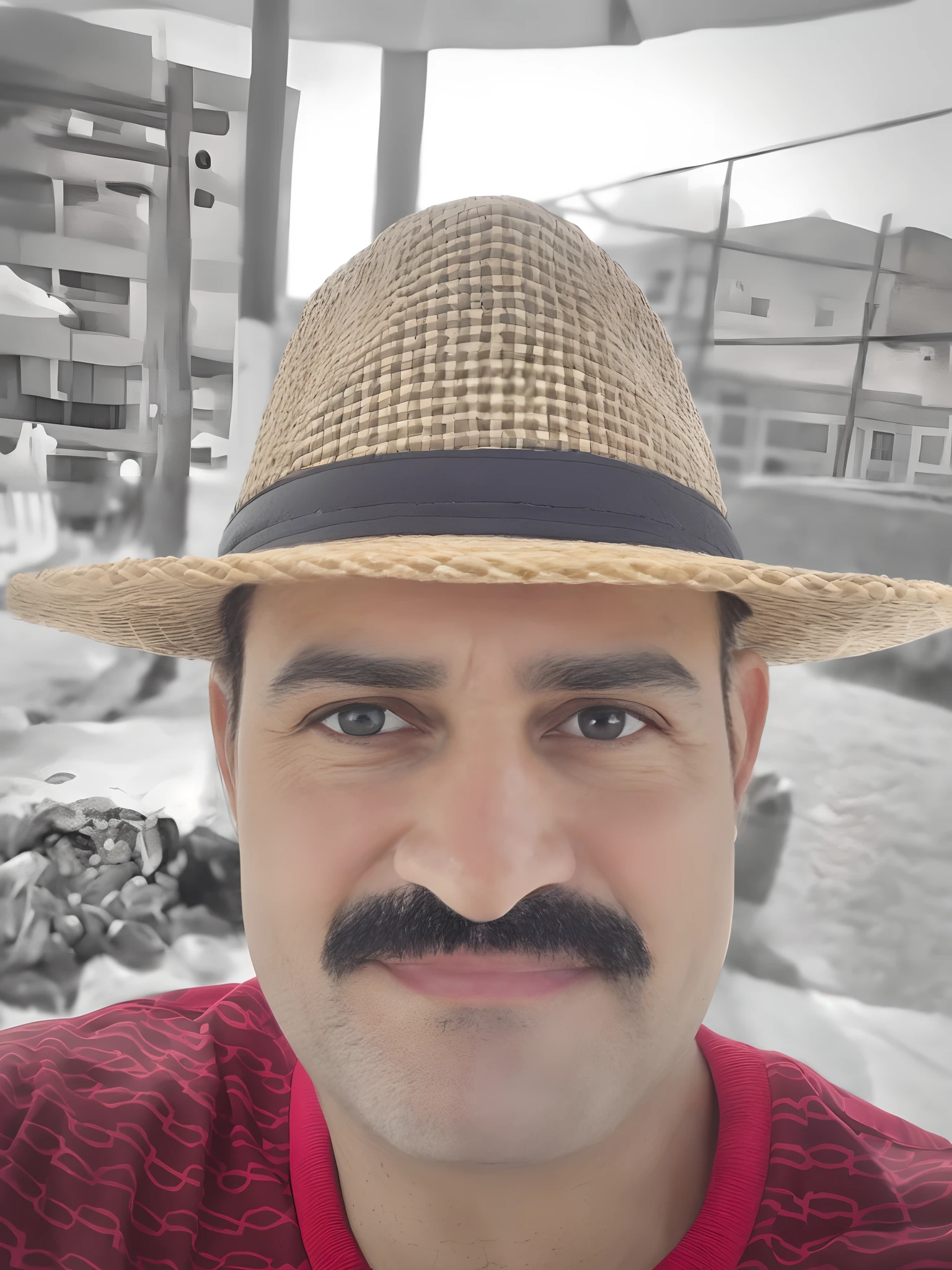Man with mustache and hat on the street, Fotografia Selfie 8k, com bigode, Homem de 4 0 anos, (38 anos), Selfie!!!!! de um homem, imagem de qualidade muito baixa, cerca de 3 5 anos, photo taken with Sony a7R camera, foto modo retrato, Directed by: Rajesh Soni, inspirado em Sudip Roy