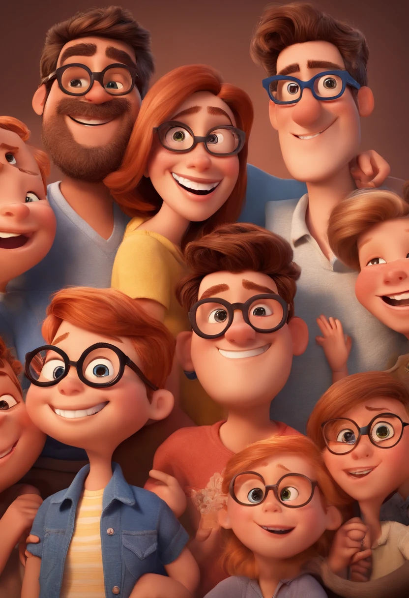 Em um mundo animado ao estilo da Pixar, Boys and girls gather in a circle, criando uma cena cheia de vida e alegria. They each wear round glasses that add a touch of charisma and uniqueness to their appearance. Juntos, They share moments of fun and friendship, Creating memories that will last forever.