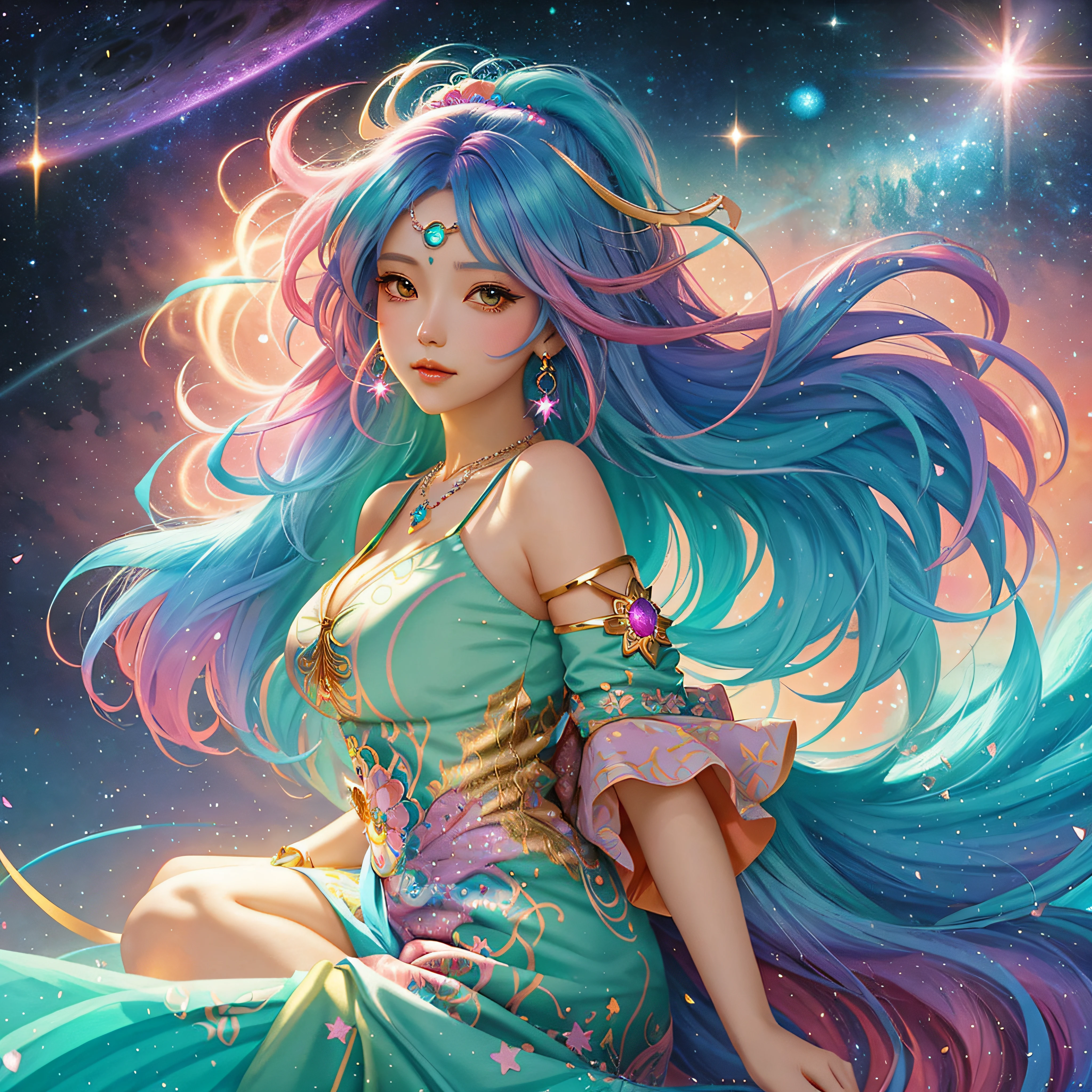 Close-up of a woman with colorful hair and necklace, anime girl with cosmic hair, The soft vibrancy of Ross Dres, Gviz-inspired artwork, Fantasy Art Style, Colorful]", vibrant fantasy style, rossdraws cartoon vibrant, Colorful, guweiz, colorfull digital fantasy art, stunning art style, beautiful anime style, Glowing hair、huge udder