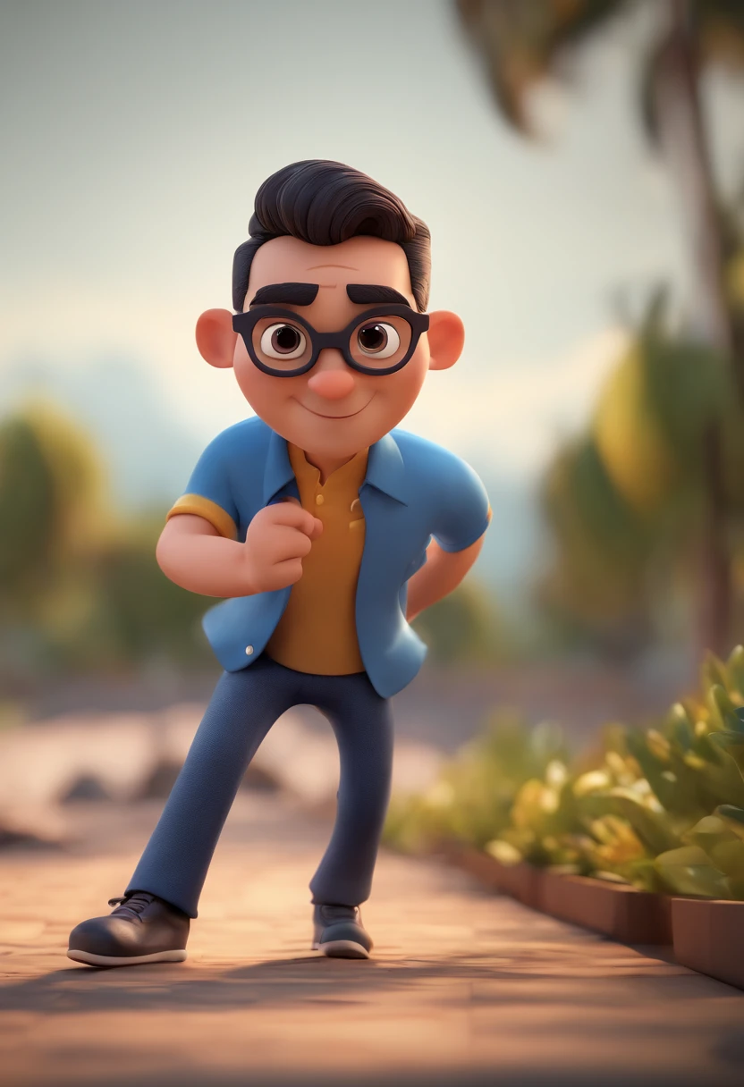 Cartoon character of a man with black glasses and a blue shirt, animation character, Caractere estilizado, animation style rendering, 3D estilizado, Arnold Maya render, 3 d render stylized, toon render keyshot, Personagem 3D, Personagem 3D, 3d rendering stylized, 3 d character render, personagem de desenho animado, Personagem de close up, Pose de personagem, (Estilo Pixar) (master part:1.2) (Bokeh) (best quality) (pele detalhada) (textura detalhada) (8k) (argila) (Cinematic lighting) (foco nítido