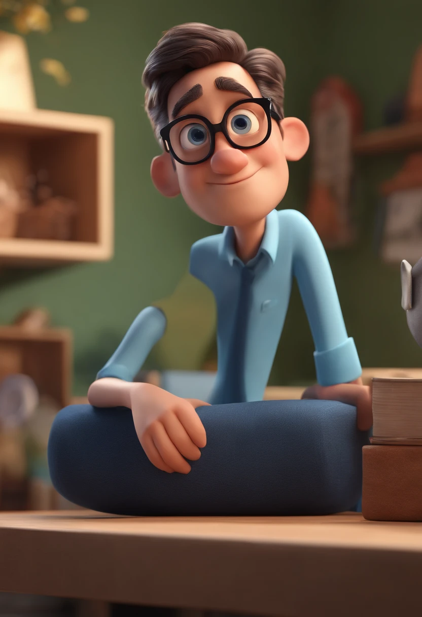 Cartoon character of a man with black glasses and a blue shirt, animation character, Caractere estilizado, animation style rendering, 3D estilizado, Arnold Maya render, 3 d render stylized, toon render keyshot, Personagem 3D, Personagem 3D, 3d rendering stylized, 3 d character render, personagem de desenho animado, Personagem de close up, Pose de personagem,  (Estilo Pixar) (master part:1.2) (Bokeh) (best quality) (pele detalhada) (textura detalhada) (8k) (argila) (Cinematic lighting) (foco nítido