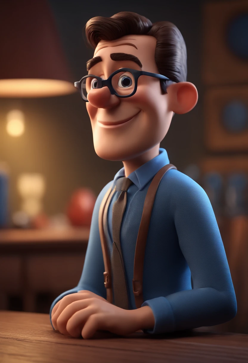 Cartoon character of a man with black glasses and a blue shirt, animation character, Caractere estilizado, animation style rendering, 3D estilizado, Arnold Maya render, 3 d render stylized, toon render keyshot, Personagem 3D, Personagem 3D, 3d rendering stylized, 3 d character render, personagem de desenho animado, Personagem de close up, Pose de personagem,  (Estilo Pixar) (master part:1.2) (Bokeh) (best quality) (pele detalhada) (textura detalhada) (8k) (argila) (Cinematic lighting) (foco nítido