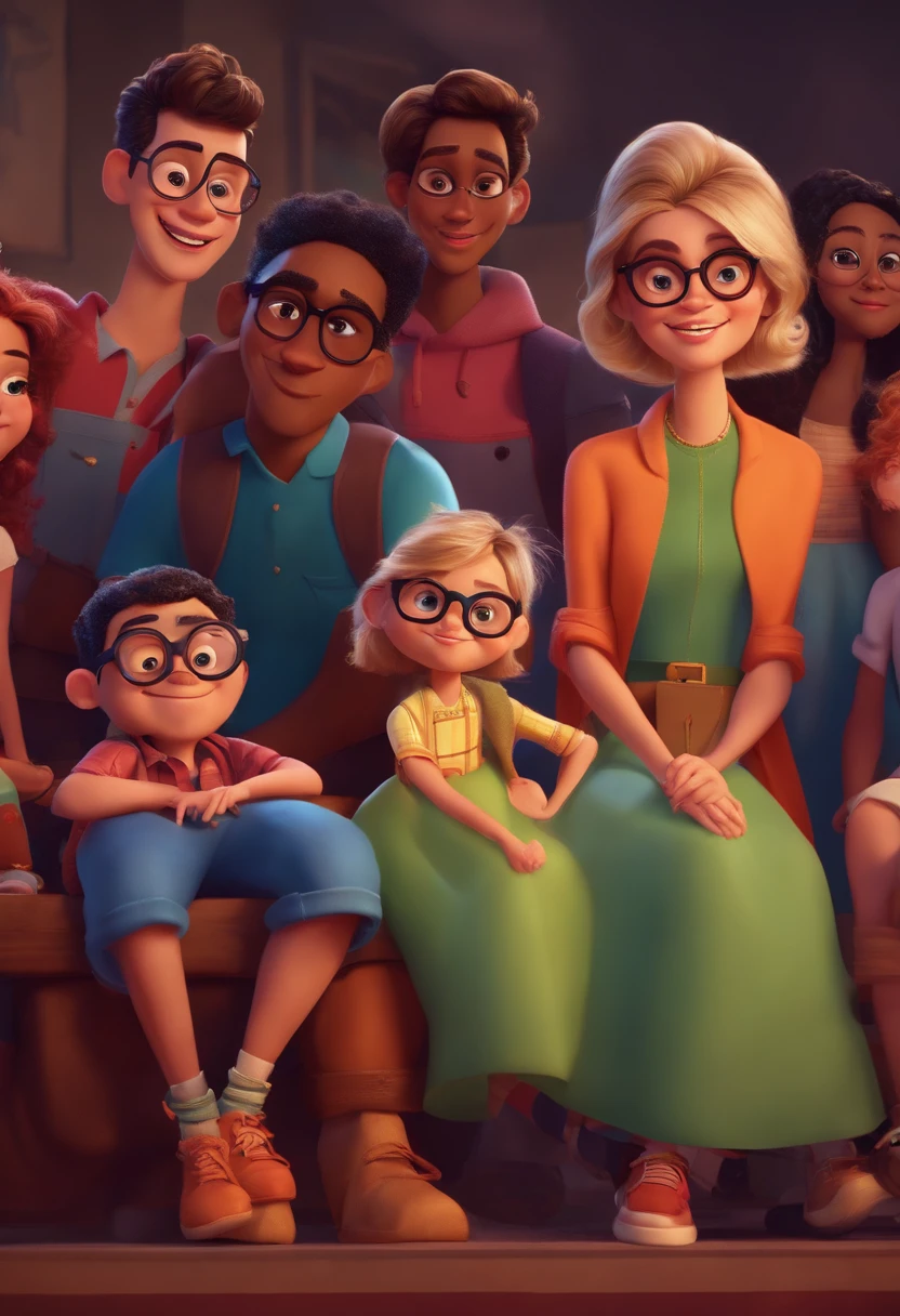 Meninos e meninas em circulo estilo desenho animado, Pixar, wearing round glasses,