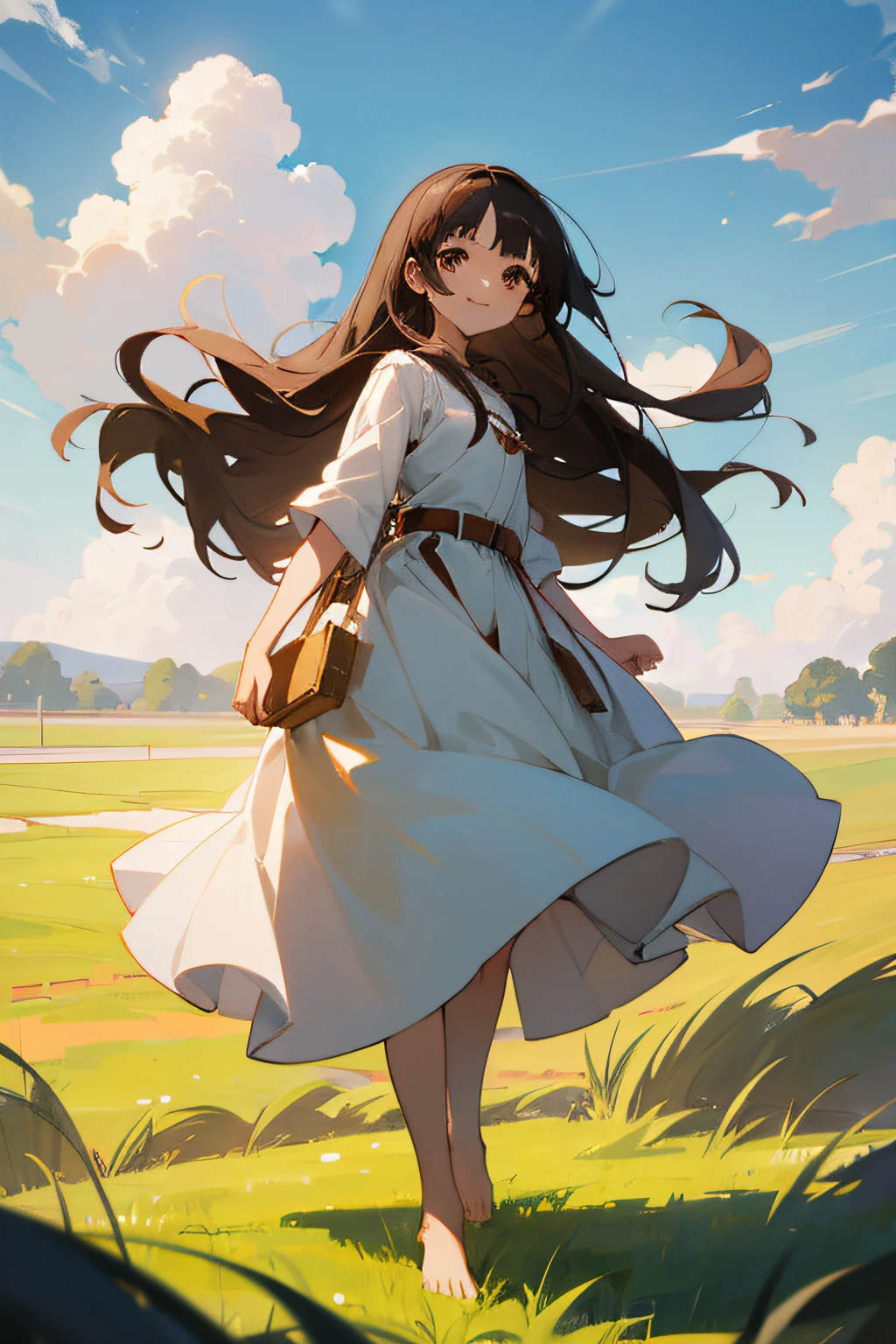 White anime girl, long dark hair, brown eyes, long plain white dress, leather belt, barefoot, standing, smiling face, looking to the viewer, grassy field, sky background, sunny and cloudy day.