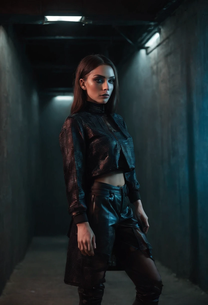 Dark techno woman posing for a photo in an underground rave scenario