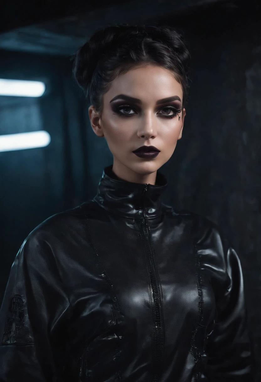 Dark techno woman posing for a photo in an underground rave scenario