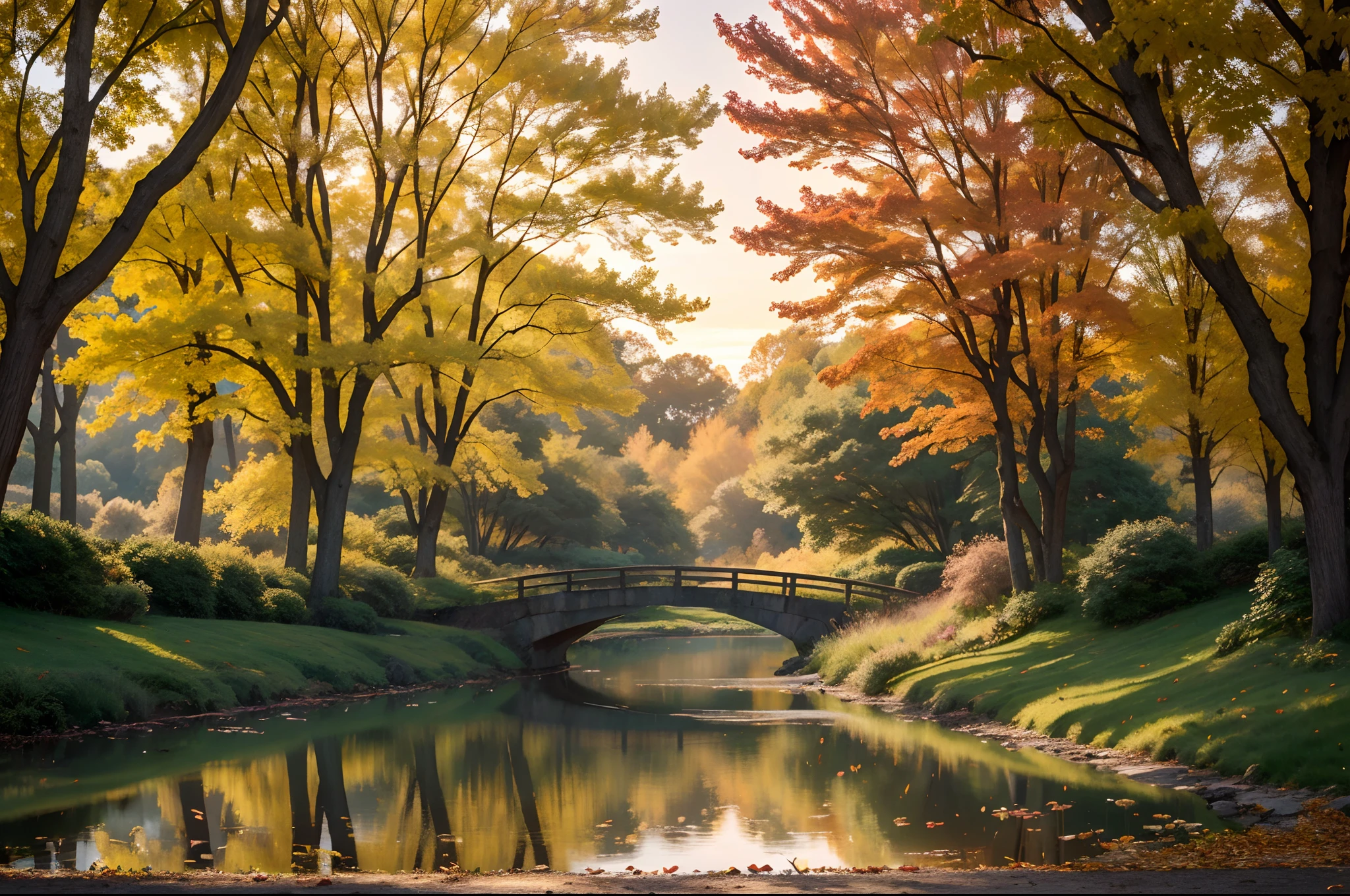(best quality,4k,8k,highres,masterpiece:1.2),ultra-detailed,(realistic,photorealistic,photo-realistic:1.37),warmtone,landscape,park,autumn,leaves,cheerful atmosphere,gentle sunlight,rustling trees,peaceful setting,serene pond,clear reflections,cozy benches,fallen leaves,pathway through the park,vibrant colors,crimson,orange,yellow,splashes of red and gold,soft breeze,tranquil mood,beautiful sunset,harmony with nature,dreamy ambiance,hint of nostalgia,natural beauty,gentle slopes,rolling hills,towering trees,playful squirrels,whispers of wind,tranquil pond with ducks,unforgettable moments,quiet escape,magical serenity,immersive experience,vivid imagery