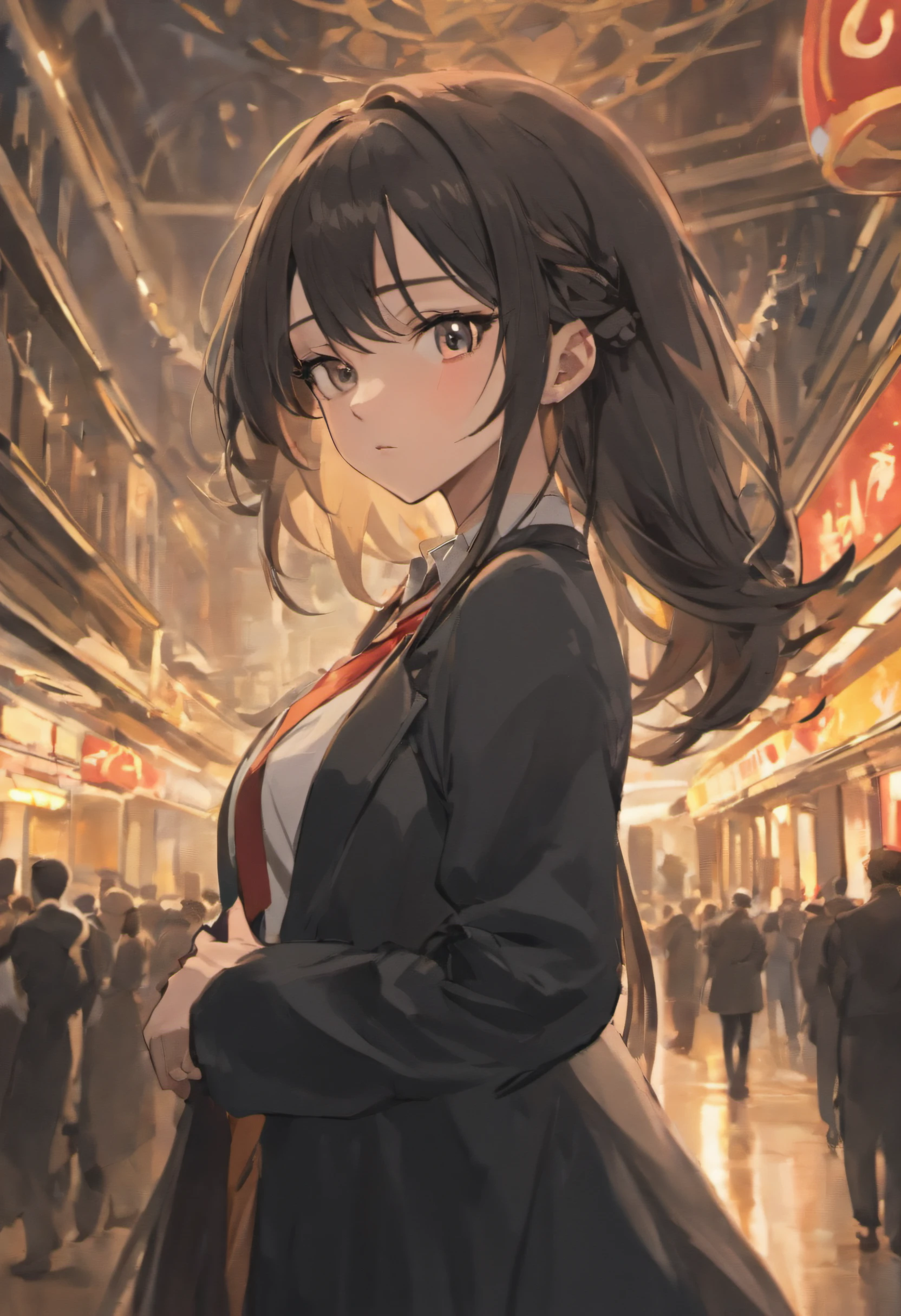 Generate a highly detailed image of an elegant, anime-style female character with dark hair and deep black eyes, dressed in formal attire. The focus of this artwork should be on the anime art style, capturing the essence of the medium. Pay meticulous attention to her facial features, ensuring that they reflect the anime aesthetic, and emphasize the fine details of her clothing, which should have a formal and elegant design. The character's pose and expression should exude grace and sophistication. Place her in an urban environment or background that complements the anime art style and enhances the overall visual appeal of the image.