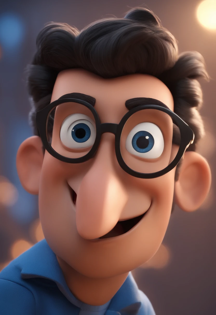 Cartoon character of a man wearing black glasses and a blue shirt, animation character, Caractere estilizado, Rendering Animation Styles, 3D estilizado, Arnold Maya render, 3D render estilizado, Toon renderizar keyshot, Personagem 3D, Personagem 3D, 3d rendering stylized, 3 d character render, Personagem de desenho animado, Personagem de close-up, Pose do personagem,  (Estilo Pixar) (Obra prima:1.2) (Bokeh) (melhor qualidade) (Pele detalhada) (Textura detalhada) (8k) (argila) (Cinematic lighting) (foco nítido