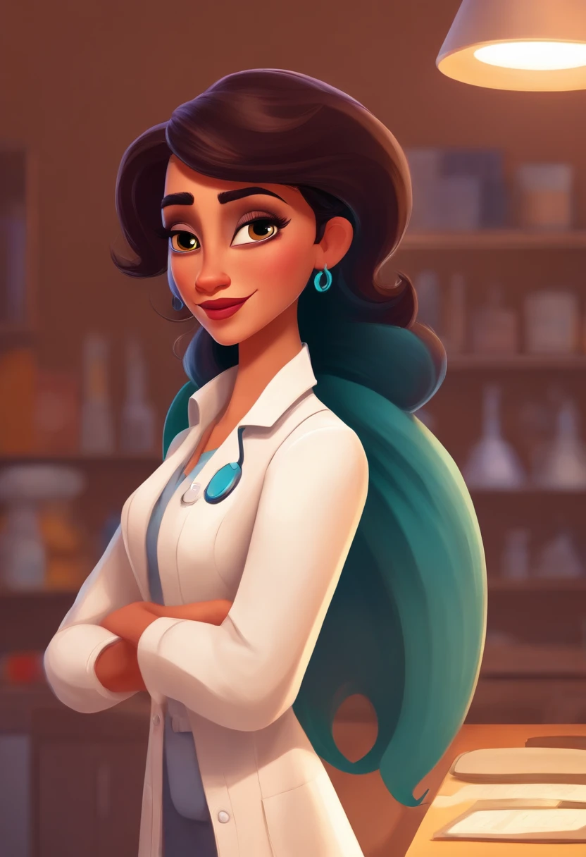 Create a pixar-style character inside a lab coat. Personagem morena