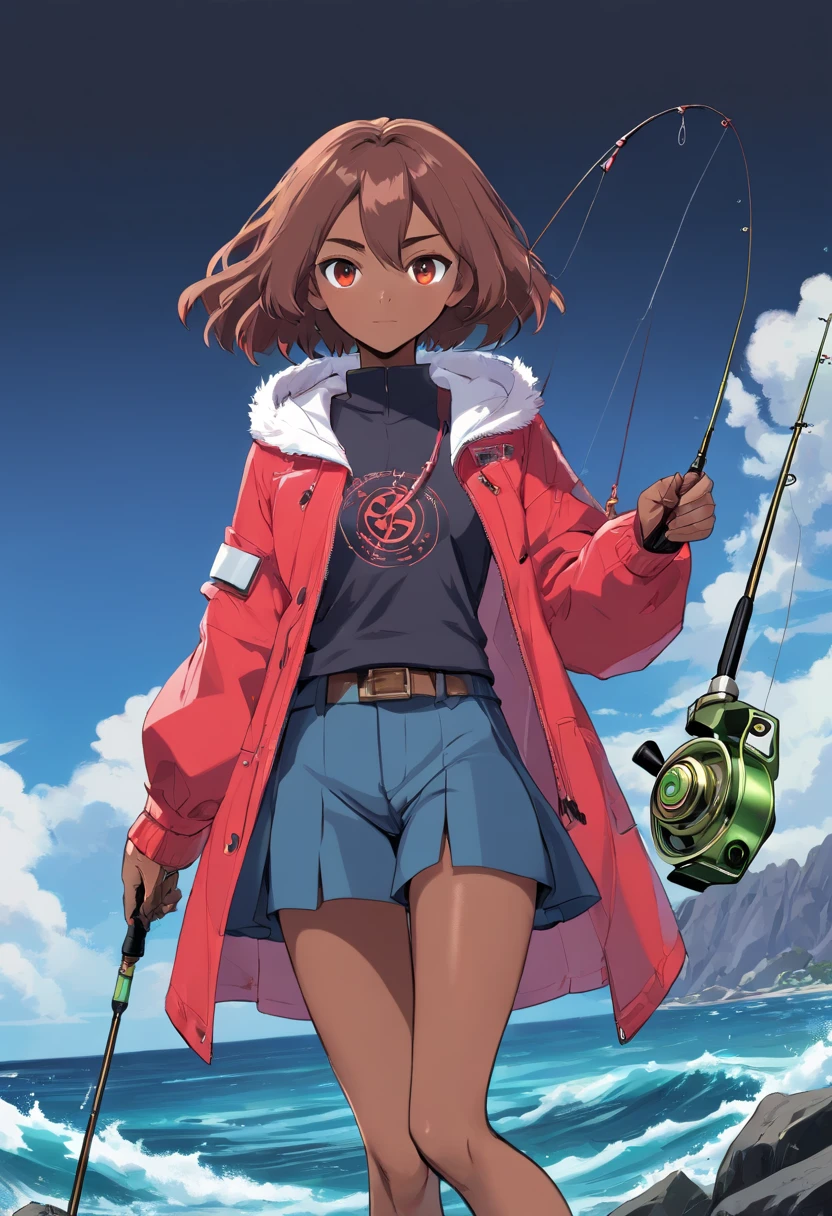 ((((I have a fishing rod with a reel by the sea:1.5))))、(Master Part, best qualtiy), Konzeptzeichnung, Full body image of a dark-skinned woman, one with (Big red jacket:1.2) and black shirts, Battle pose, intricate detailes, chromatic abberation, (Black skin:1.2), 1girl in, Long curly hair, Hell Brown Hair, Ann Odent Ligh Hair, Robot leg, biomechanics, Hair above one eye, Honigage, sharp eye, Neon Shirt, open coat, Big sword, Cybernetic Katana, Dark Blade, JRPG Style, Tech Fantasy, Final Fantasy, pastels, (solid background, White background:1.3)