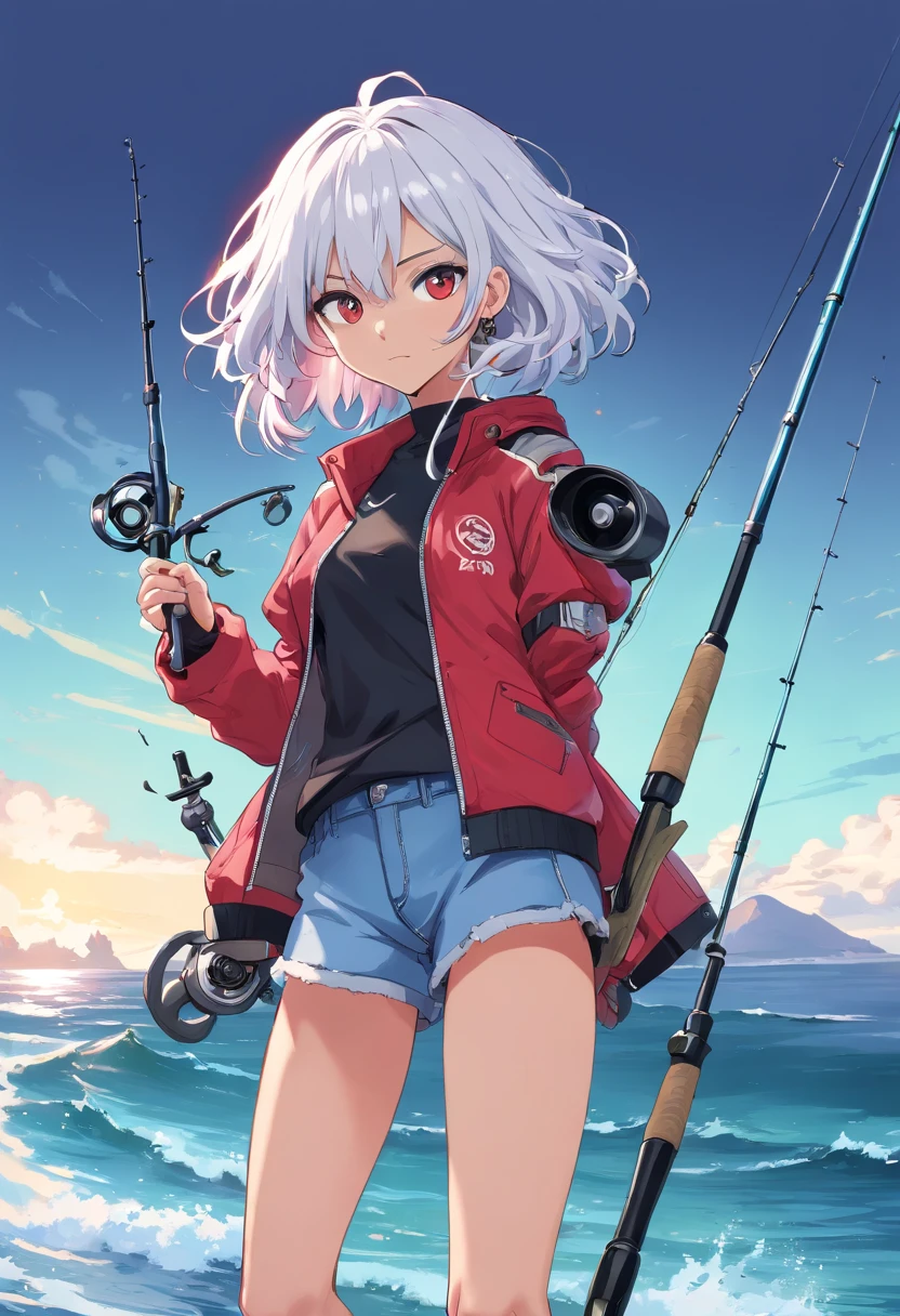 ((((I have a fishing rod with a reel by the sea:1.5))))、(Master Part, best qualtiy), Konzeptzeichnung, Full body image of a dark-skinned woman, one with (Big red jacket:1.2) and black shirts, Battle pose, intricate detailes, chromatic abberation, (Black skin:1.2), 1girl in, Long curly hair, Hell Brown Hair, Ann Odent Ligh Hair, Robot leg, biomechanics, Hair above one eye, Honigage, sharp eye, Neon Shirt, open coat, Big sword, Cybernetic Katana, Dark Blade, JRPG Style, Tech Fantasy, Final Fantasy, pastels, (solid background, White background:1.3)
