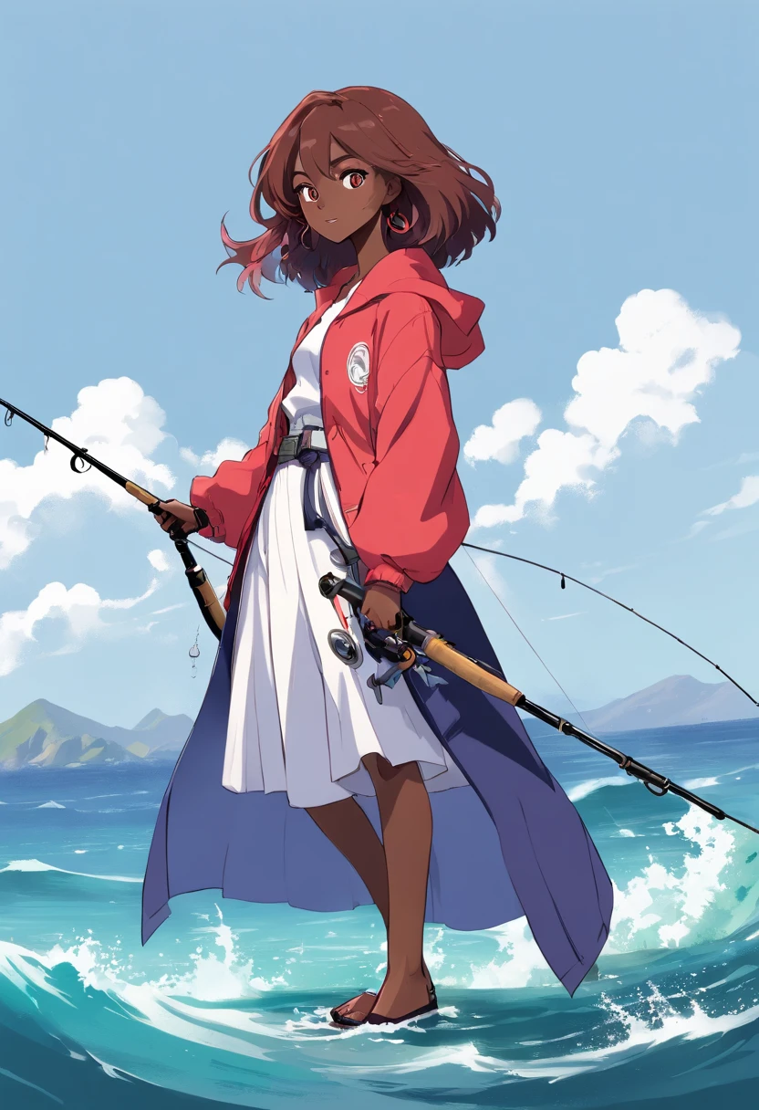 ((((I have a fishing rod with a reel by the sea:1.5))))、(Master Part, best qualtiy), Konzeptzeichnung, Full body image of a dark-skinned woman, one with (Big red jacket:1.2) and black shirts, Battle pose, intricate detailes, chromatic abberation, (Black skin:1.2), 1girl in, Long curly hair, Hell Brown Hair, Ann Odent Ligh Hair, Robot leg, biomechanics, Hair above one eye, Honigage, sharp eye, Neon Shirt, open coat, Big sword, Cybernetic Katana, Dark Blade, JRPG Style, Tech Fantasy, Final Fantasy, pastels, (solid background, White background:1.3)
