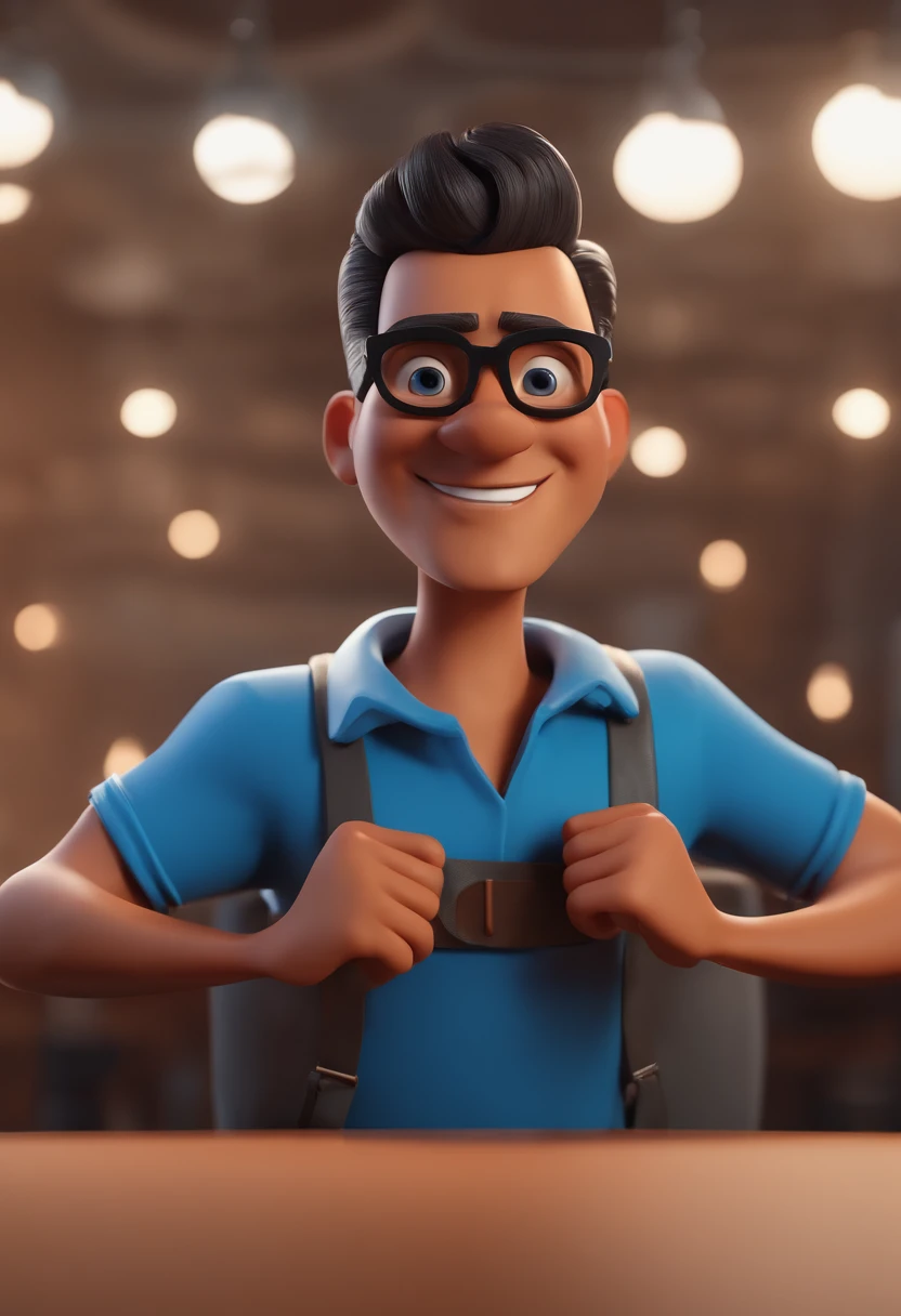 Cartoon character of a man with black glasses and a blue shirt, animation character, Caractere estilizado, animation style rendering, 3D estilizado, Arnold Maya render, 3 d render stylized, toon render keyshot, Personagem 3D, Personagem 3D, 3d rendering stylized, 3 d character render, personagem de desenho animado, Personagem de close up, Pose de personagem, (Estilo Pixar) (master part:1.2) (Bokeh) (best quality) (pele detalhada) (textura detalhada) (8k) (argila) (Cinematic lighting) (foco nítido