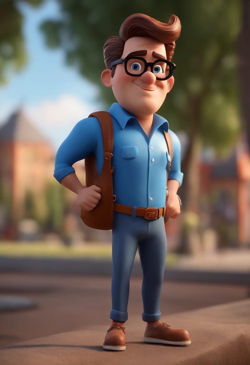 Cartoon character of a man with black glasses and a blue shirt, animation character, Caractere estilizado, animation style rendering, 3D estilizado, Arnold Maya render, 3 d render stylized, toon render keyshot, Personagem 3D, Personagem 3D, 3d rendering stylized, 3 d character render, personagem de desenho animado, Personagem de close up, Pose de personagem,  (Estilo Pixar) (master part:1.2) (Bokeh) (best quality) (pele detalhada) (textura detalhada) (8k) (argila) (Cinematic lighting) (foco nítido