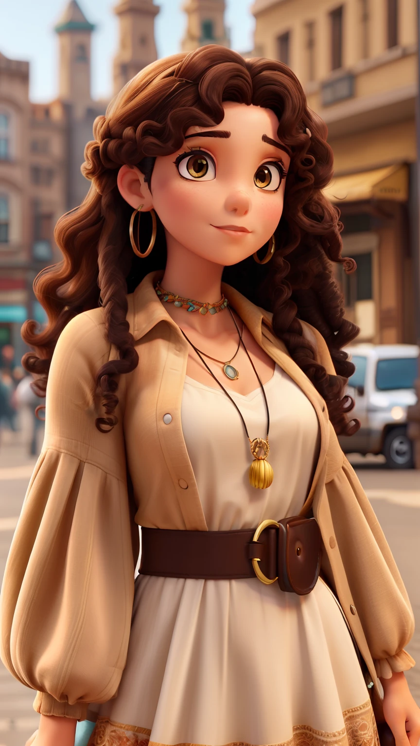 Fotografia profissional mestre, Beautiful brown-eyed woman with curly hair in bohemian dress and accessories, texturas e detalhes extremos, foto de retrato de corpo inteiro, bohemian city landmarks background, 64K