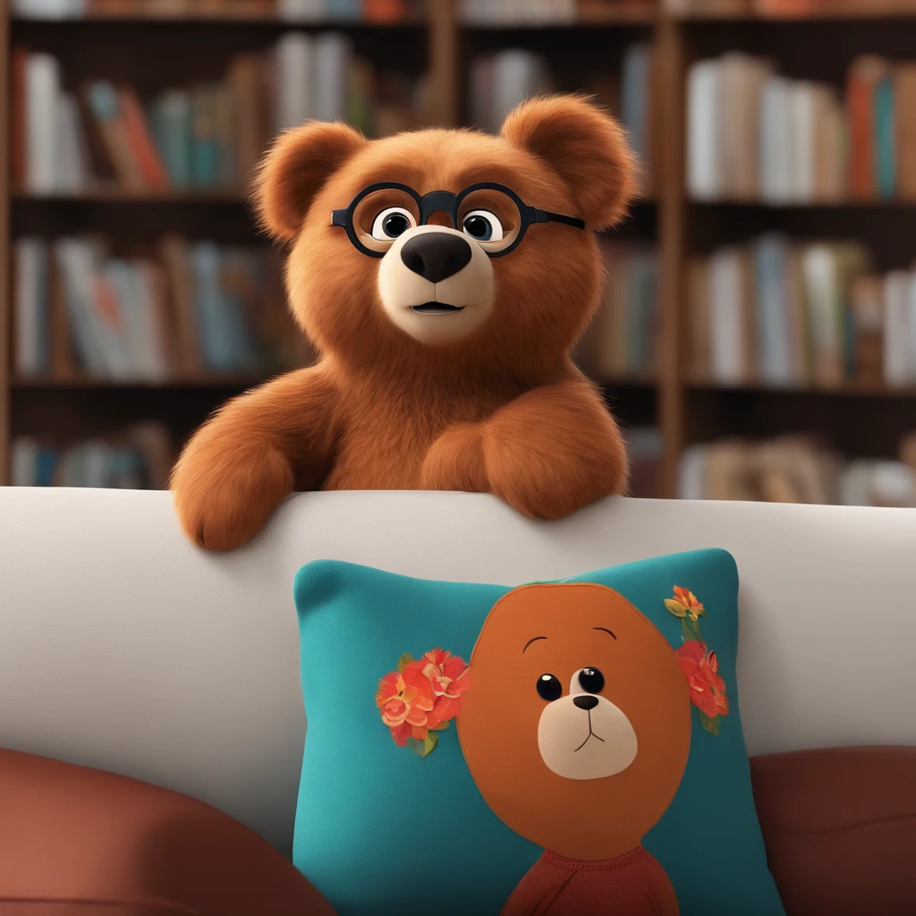 Menino estilo desenho animado, Pixar, wearing round glasses, segurando um urso de pelucia, roupa de escoteiro,