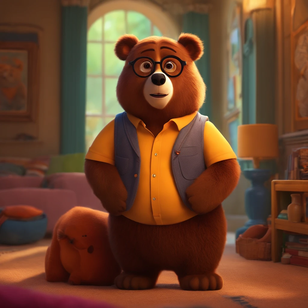Menino estilo desenho animado, Pixar, wearing round glasses, segurando um urso de pelucia, roupa de escoteiro,