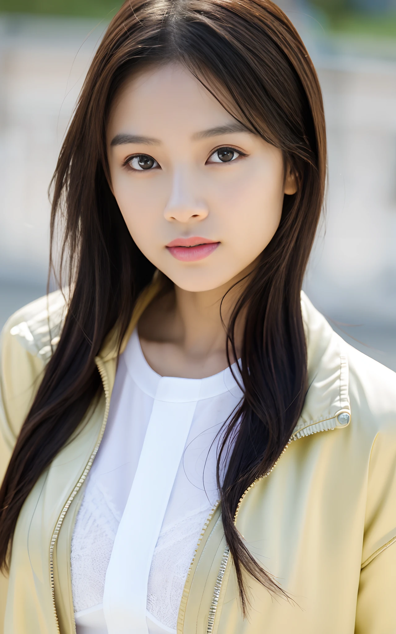 a 19 years old girl、top-quality、masterpiece、(reallistic:1.2)、1人、Brown hair、Brown-eyed、Face and chest details on the front、beautidful eyes、White jacket with a small chest、JINS、lo fashion、Smaller head、fashionGirl、Wrinkled T-shirt、Real Face、Lifelike face、real looking skin、Rough skin