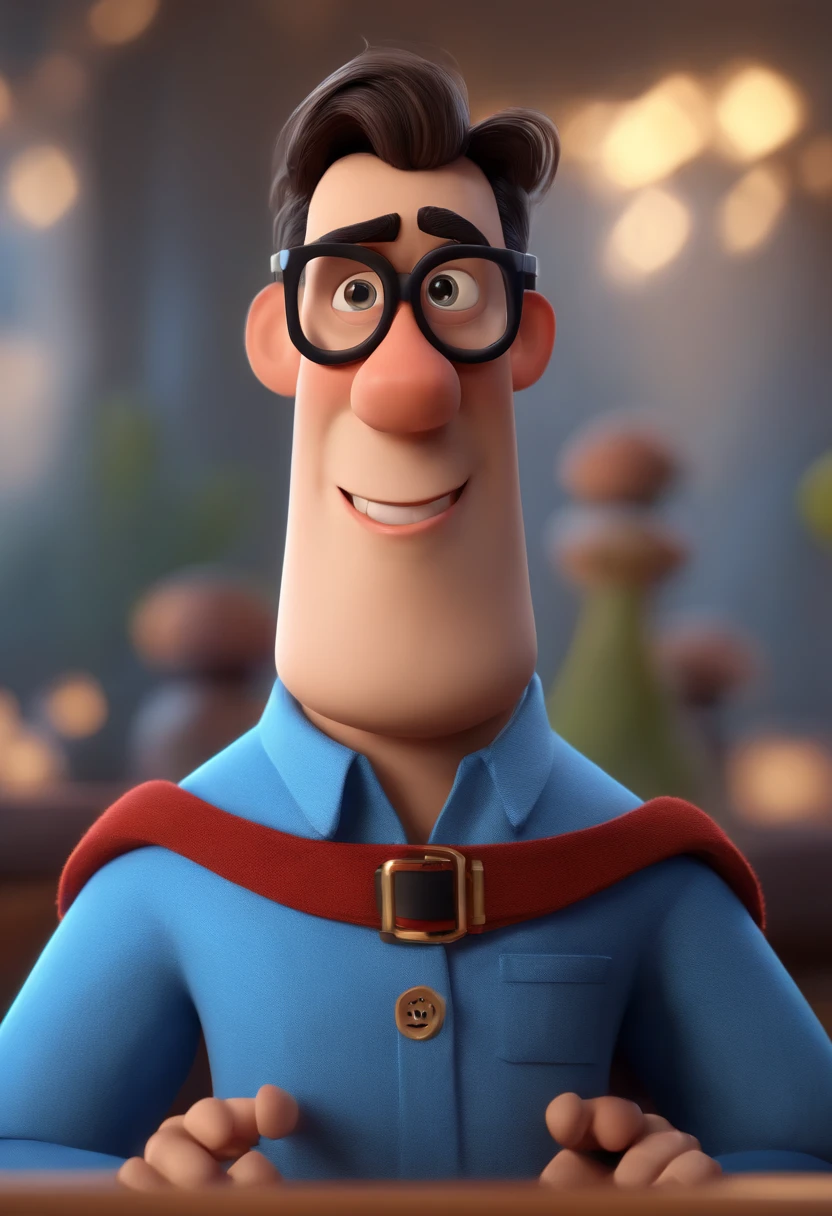 Cartoon character of a man wearing black glasses and a blue shirt, um personagem animado, Caractere estilizado, animation style rendering, 3D estilizado, Arnold Maya render, 3 d render stylized, toon render keyshot, Personagem 3D, Personagem 3D, 3d rendering stylized, 3 d character render, personagem de desenho animado, Personagem de close up, Pose de personagem, (Estilo Pixar) (master part:1.2) (Bokeh) (best quality) (pele detalhada) (textura detalhada) (8k) (argila) (Cinematic lighting) (foco nítido，Senta e vaza a parte superior do corpo