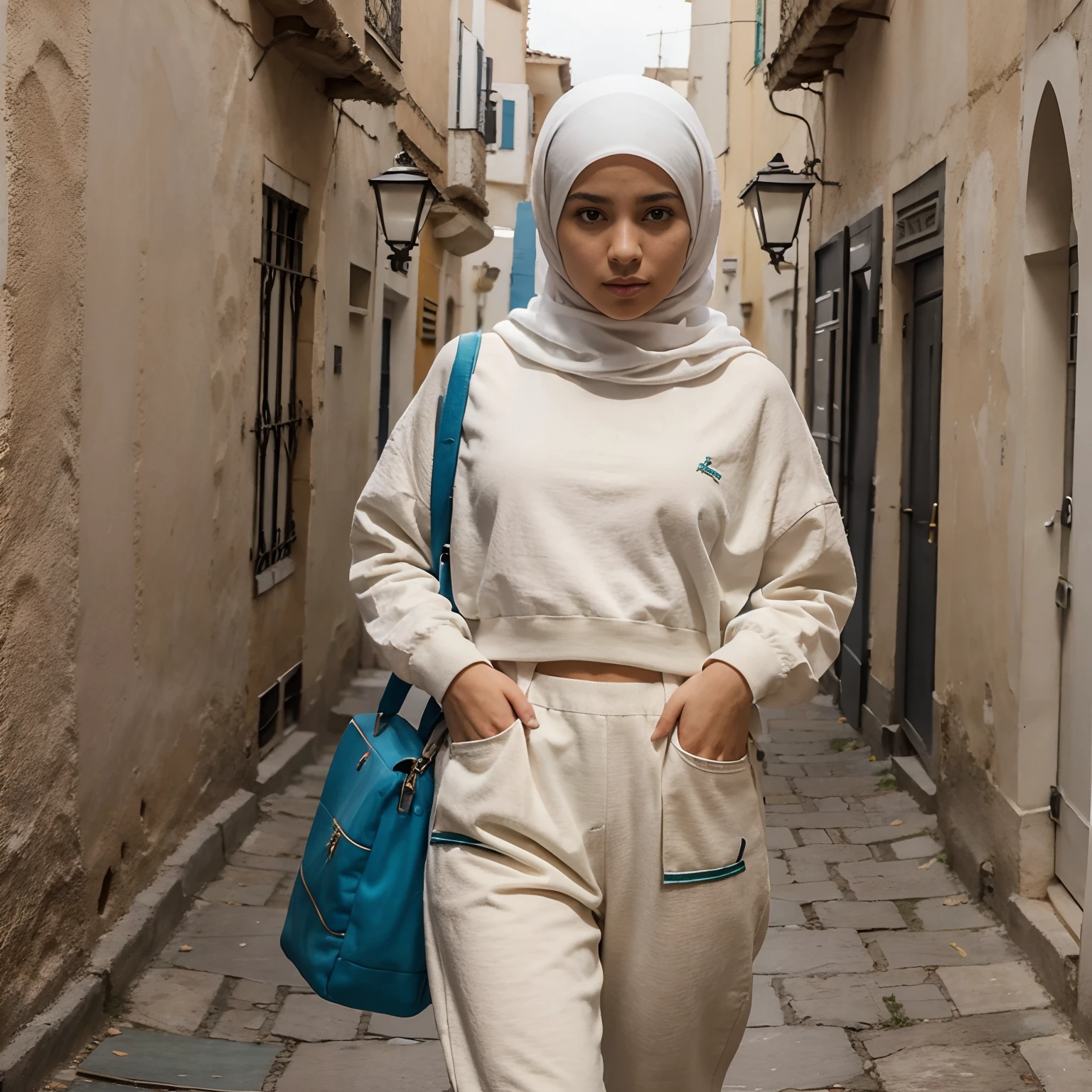 Dans un style Disney d’animation: Une fille marocaine portant le Hijab, elle a les yeux noirs et porte un pull beige avec un pantalon blanc et ses air force one nike blanches. Elle a un drapeau de la Palestine dans son sac. Elle est dans le village de « Bouarfa » au Maroc et prends des photos de la ville.