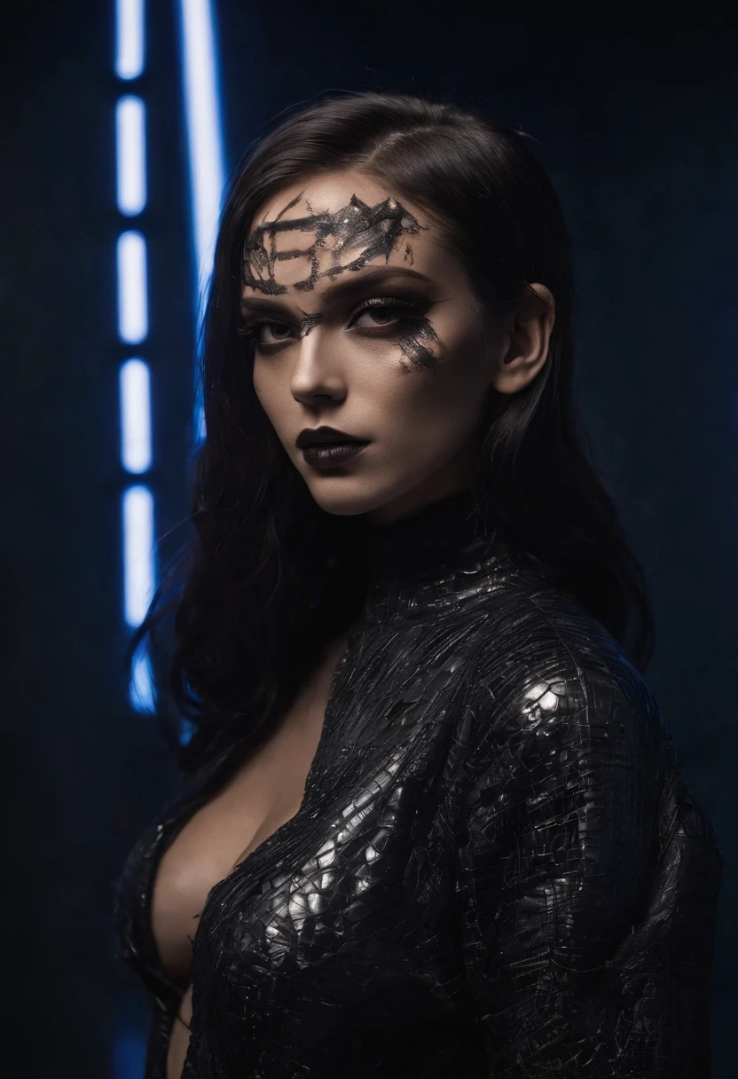 Dark techno woman posing for a photo in an underground rave scenario